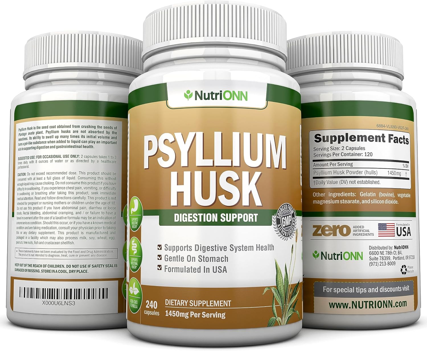 NutriONN Psyllium Husk Capsules - 1450mg - 240 Capsules - Made in USA - Double Strength - Premium Psyllium Fiber Supplement - Great for Digestion