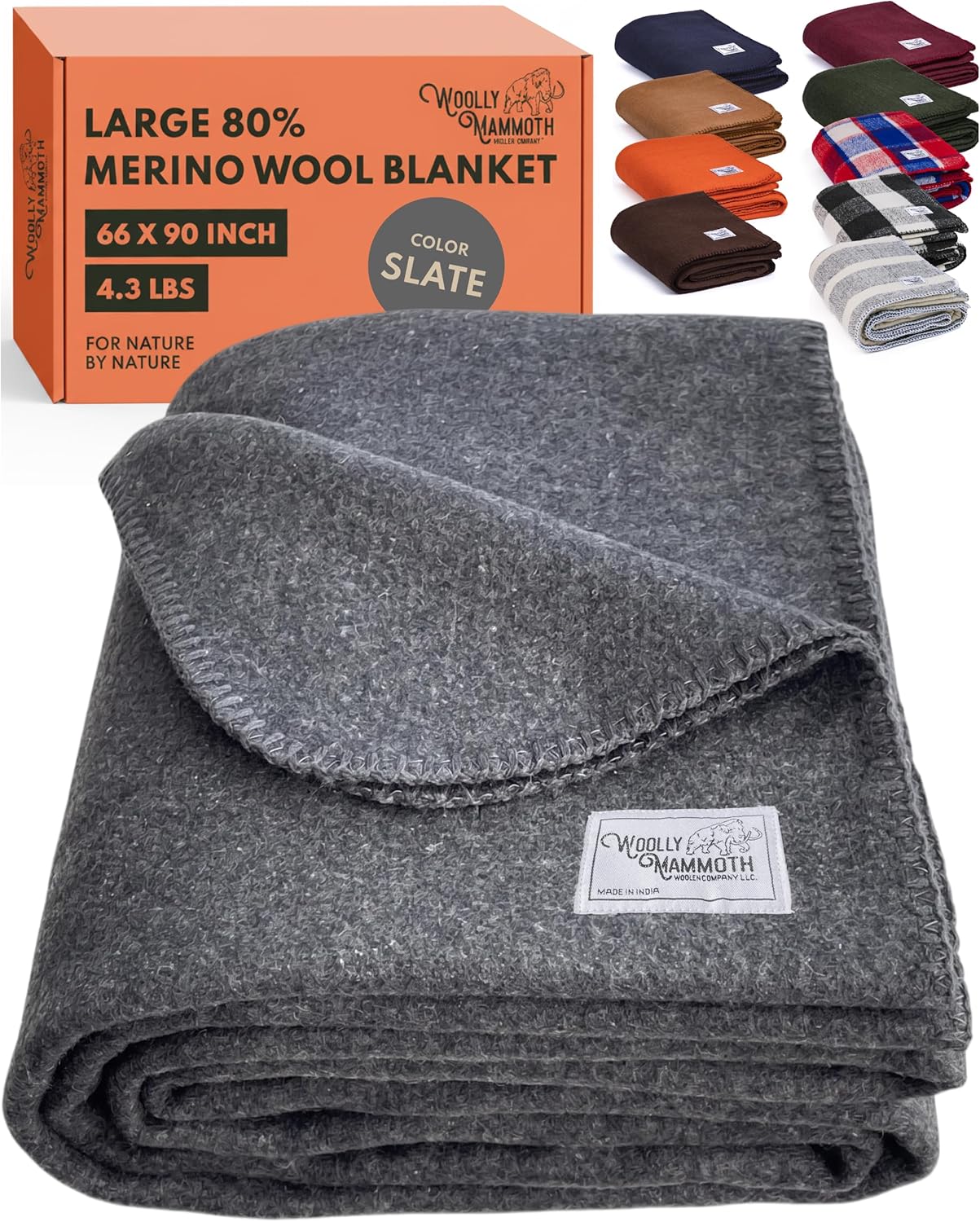 Woolly Mammoth Woolen Company Merino Wool Blanket, 66" x 90" Moss | Temperature Regulating - Fire-Resistant - Warm Camping Blanket for Car Emergency Kits, Picnics, Summer Festivals and Stadiums