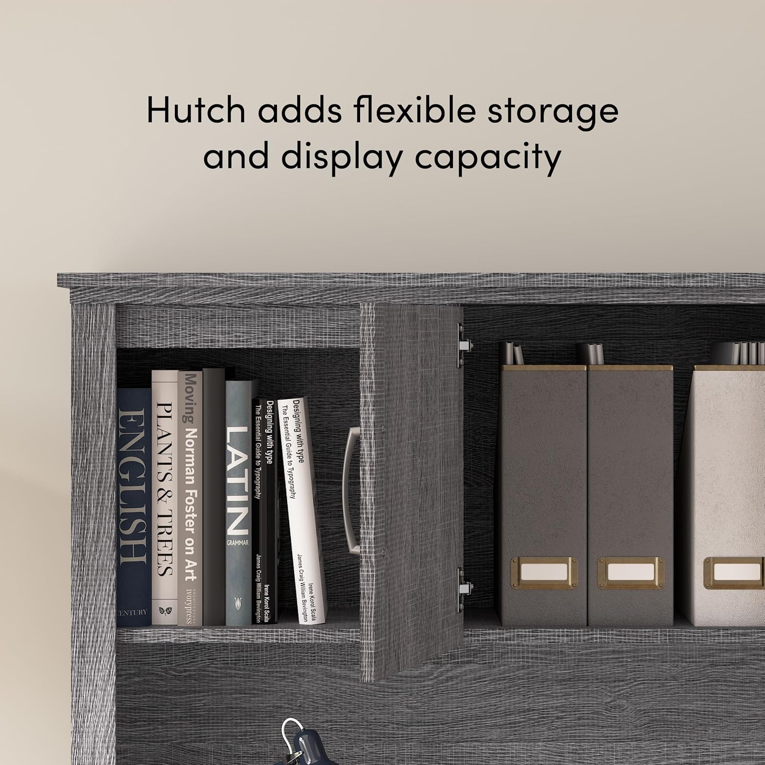 Bestar U or L Shaped with Hutch and File Cabinet, Bark Grey, Logan, 66W
