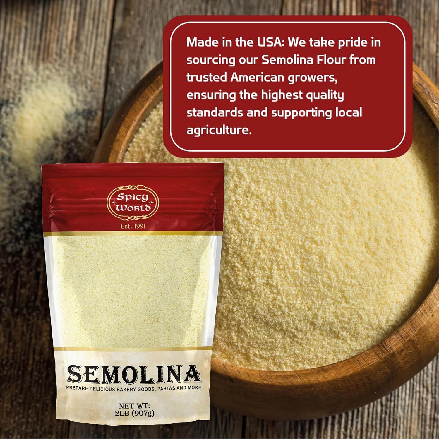Spicy World Semolina Flour 3 LB (48 Ounce) | USA Grown Semolina for Pizza, for Pasta, and Bread Making | Fine Ground, Bulk Yellow Durum Semola Flour for Pizza Peel