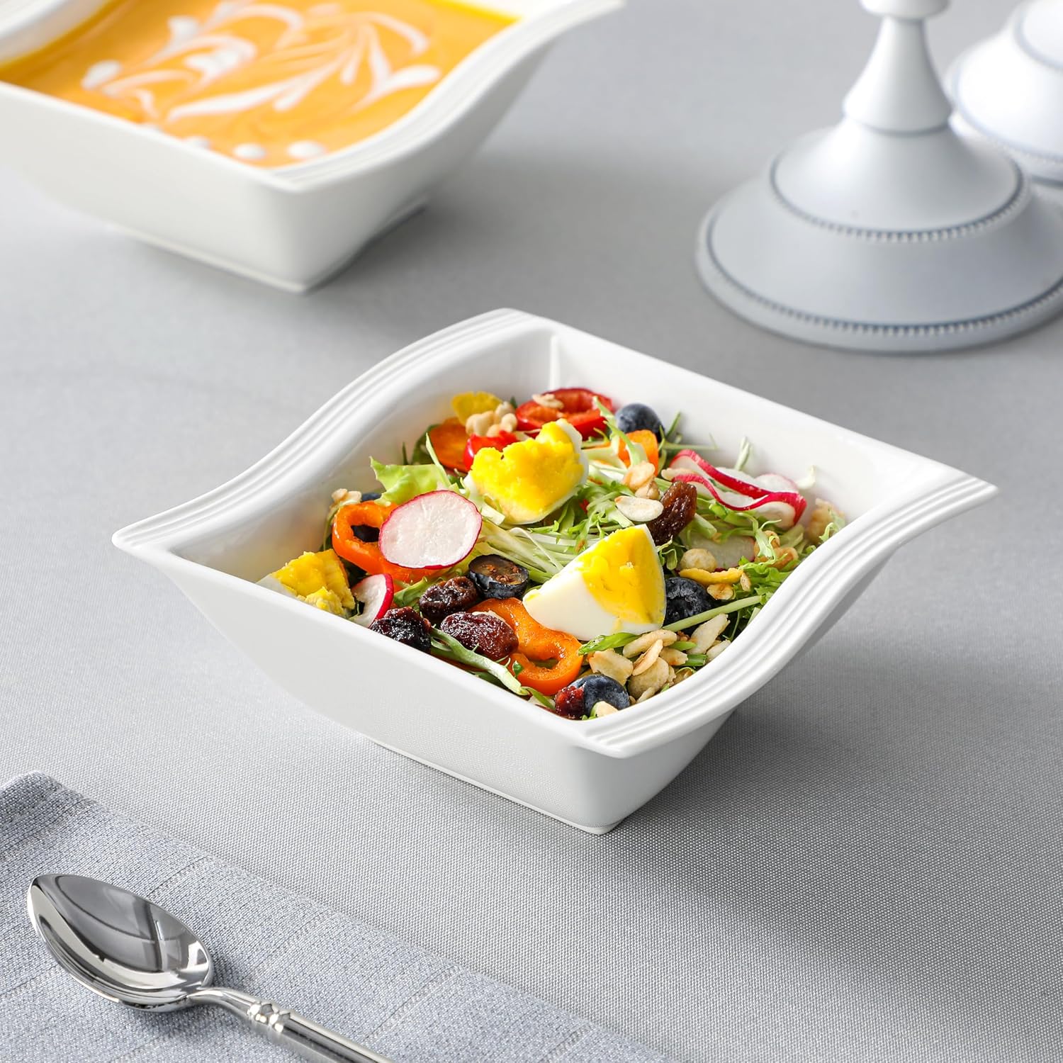 MALACASA Plates and Bowls Sets, 26 Pieces Ivory White Porcelain Dinnerware Sets without Mugs, Square Dinnerware with Dinner Plates, Bowls and Serving Platters, Modern Dish Set for 6, Series Flora