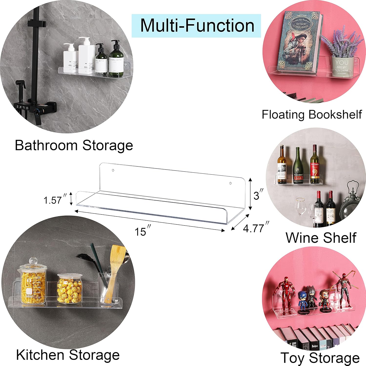 Sooyee Acrylic Shelves, 2 Pack 15 Inch Floating Wall Shelves, Funko Pop Display Shelf, Invisible Kids Book Shelf, Picture Ledge Shelf Decor