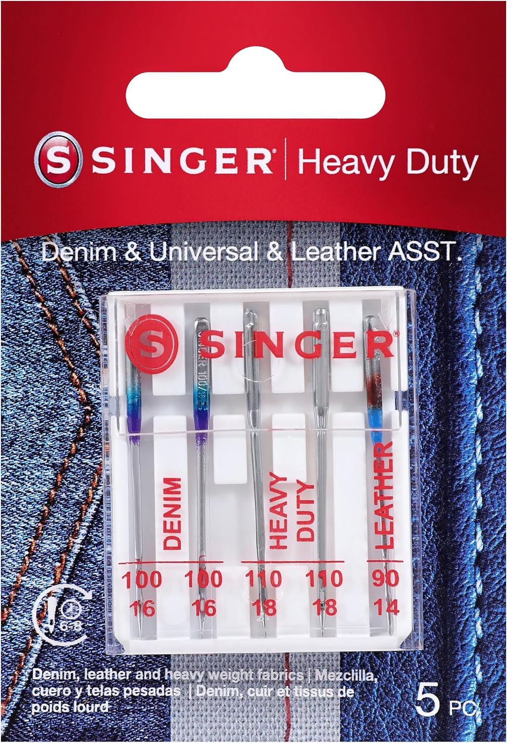 SINGER Heavy Duty Machine Needles, Denim & Leather, Assorted, 5 Count | Heavy-duty machine needles for denim, leather and heavy fabrics; 5 assorted sizes, fit SINGER and other domestic machines