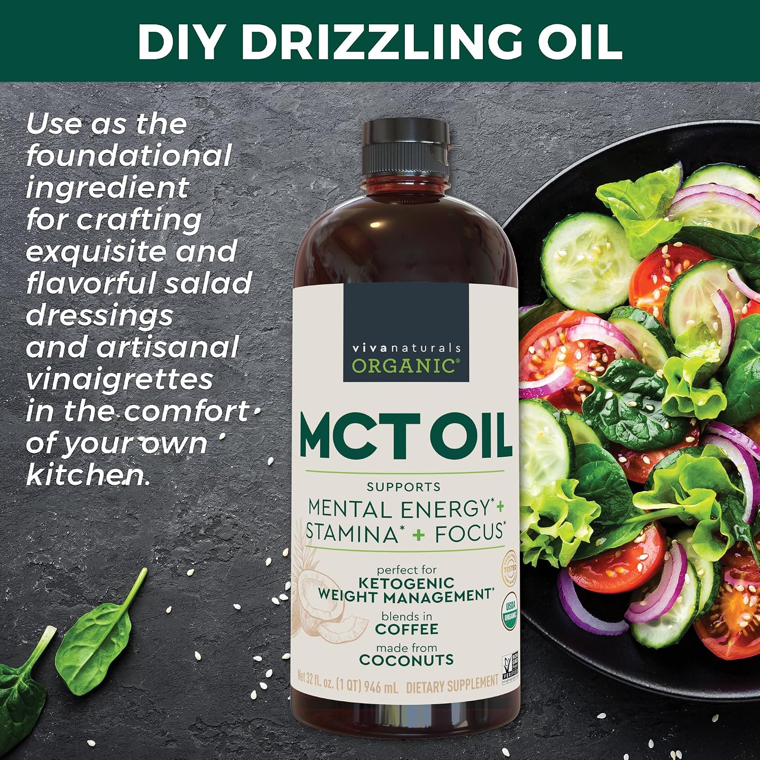 Viva Naturals Organic MCT Oil, 32 fl oz – MCT Oil for Coffee, USDA Organic, Non-GMO, Paleo Certified & Keto Friendly, Supports Energy & Mental Clarity