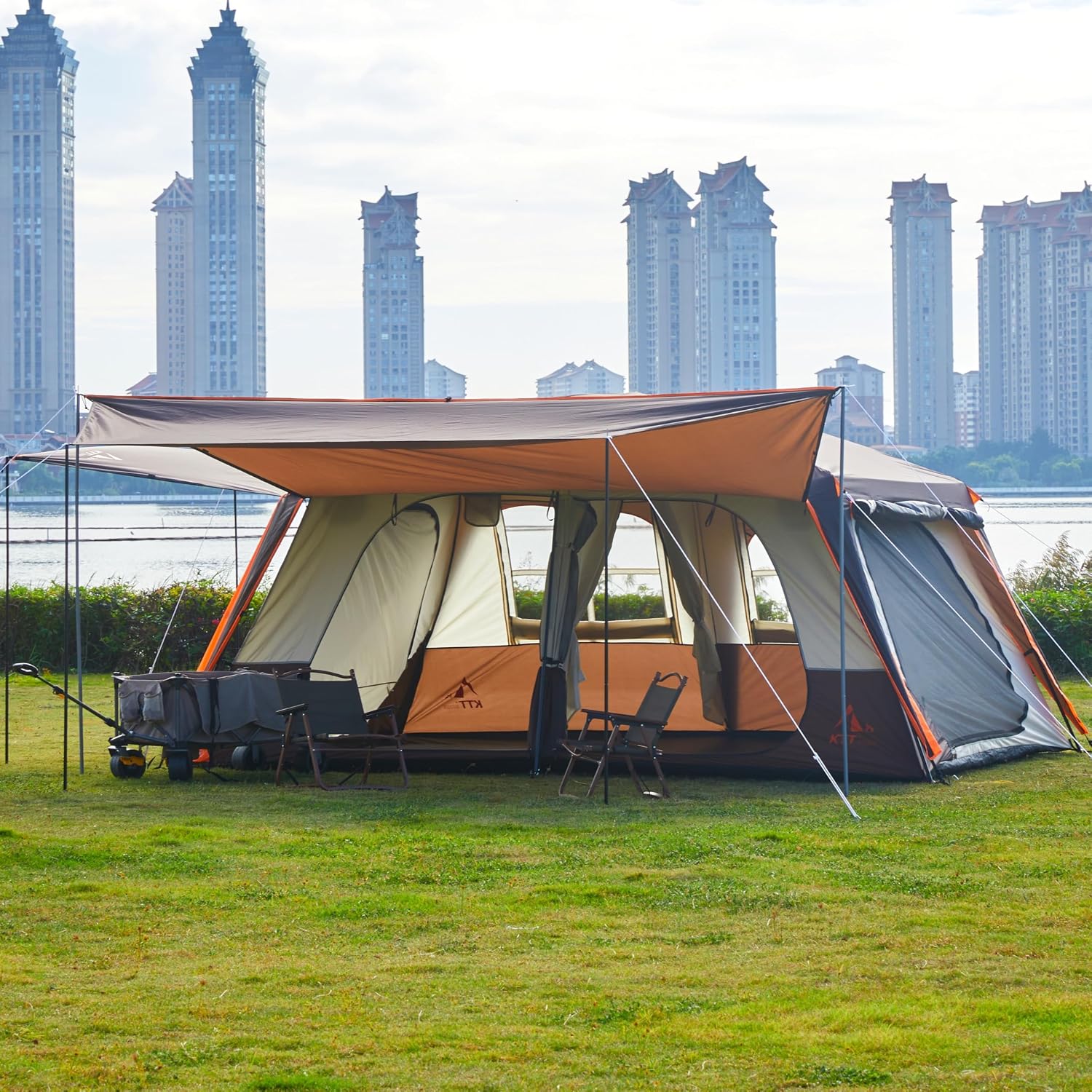 KTT Extra Large Tent 12-14 Person, Family Cabin Tents, 2 Rooms, Straight Wall, 2 Doors 4 Windows with Mesh, Waterproof, Double Layer