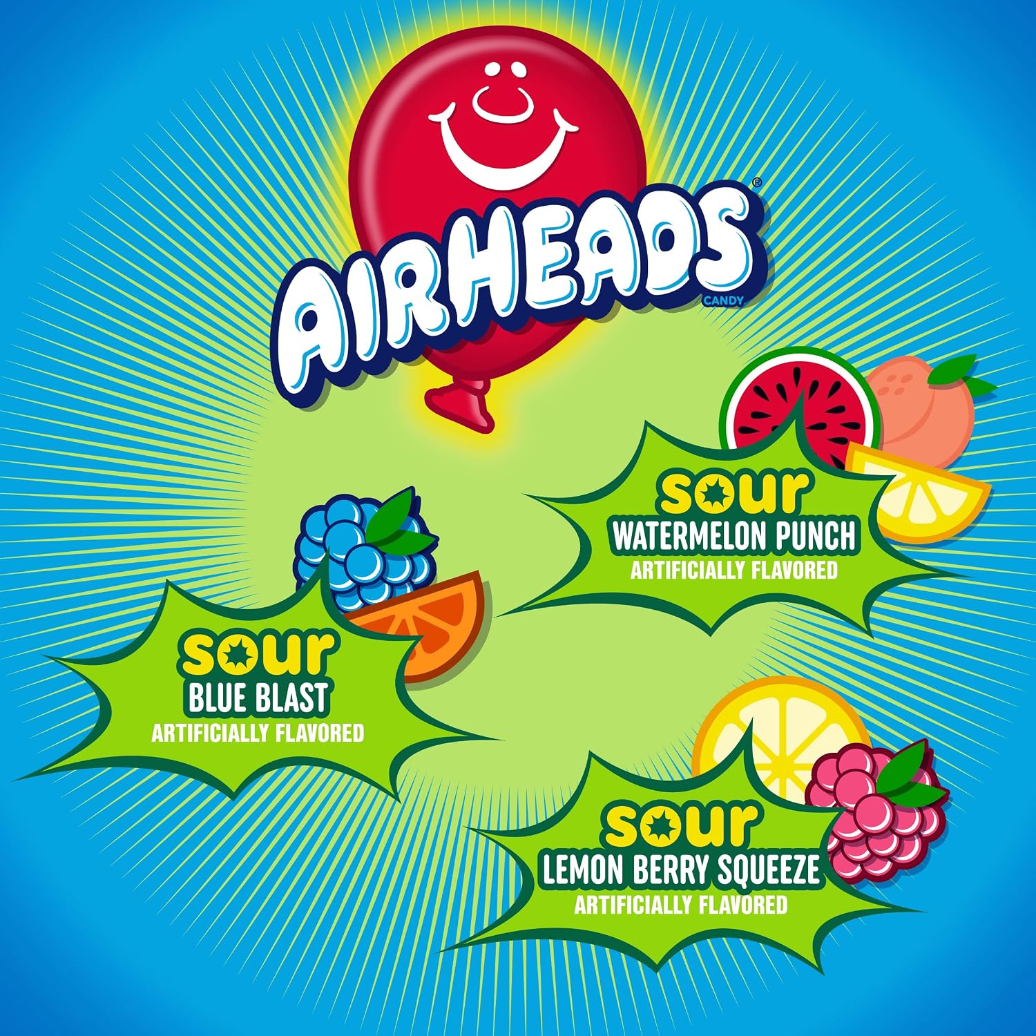 Airheads Full-Size Candy Bars, Assorted Taffy Variety Pack, 60 Count Box | Individually Wrapped Bulk Candy, Six Assorted Fruit Flavors, Artificially Flavored