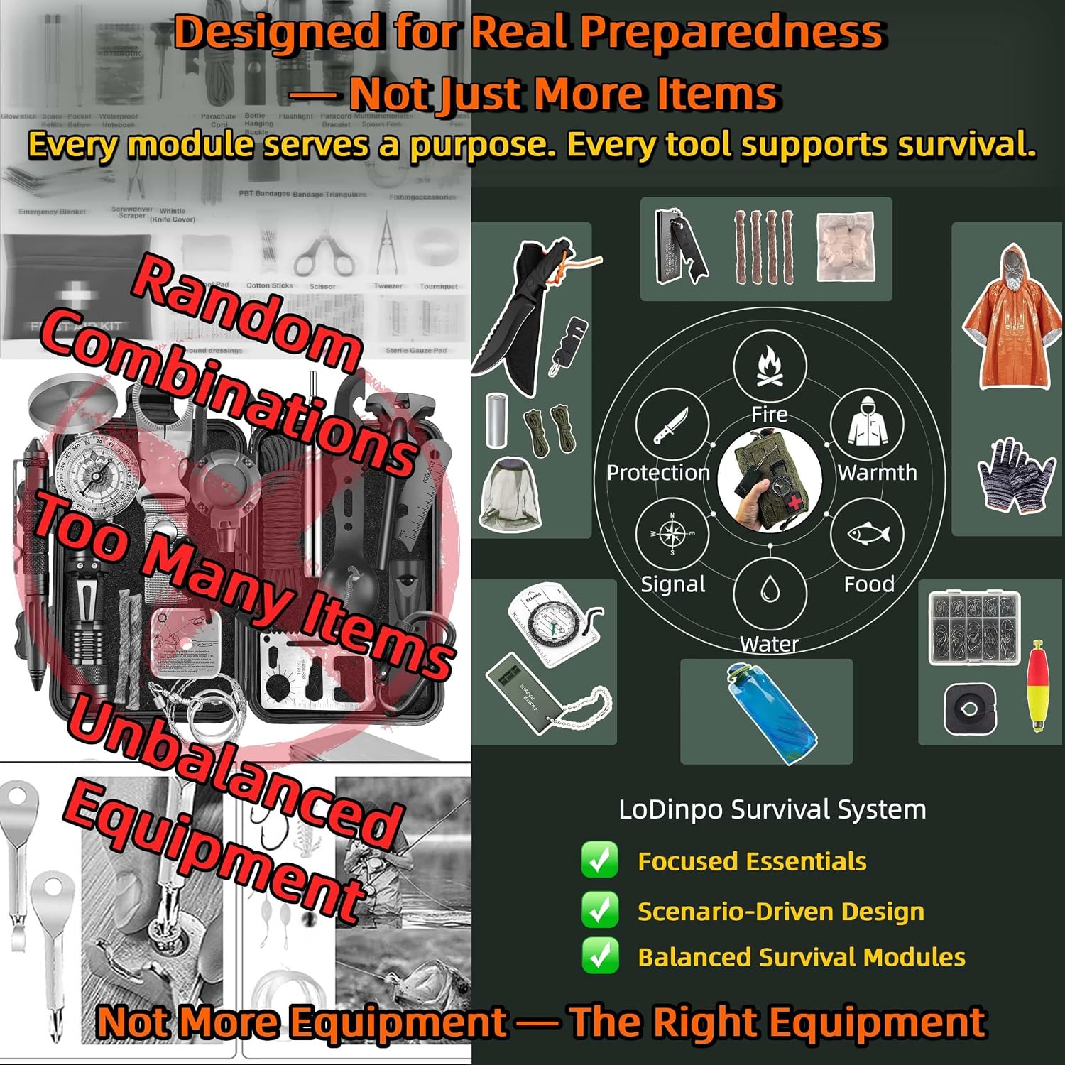 Camping Survival Kit, All in One Outdoor Emergency Gear with Knife, Fire Starter, Fishing Kit, Water Pouch & Compass for Hiking Backpacking Bushcraft Gift for Him