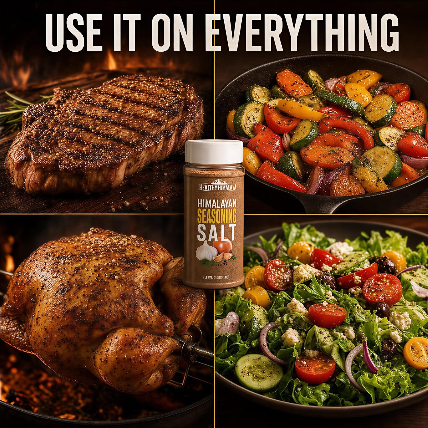 Himalayan Seasoning Salt with Pepper, Garlic, and Onion – Natural Himalayan Pink Salt for Grilling, Cooking, and Finishing – 14 oz Shaker