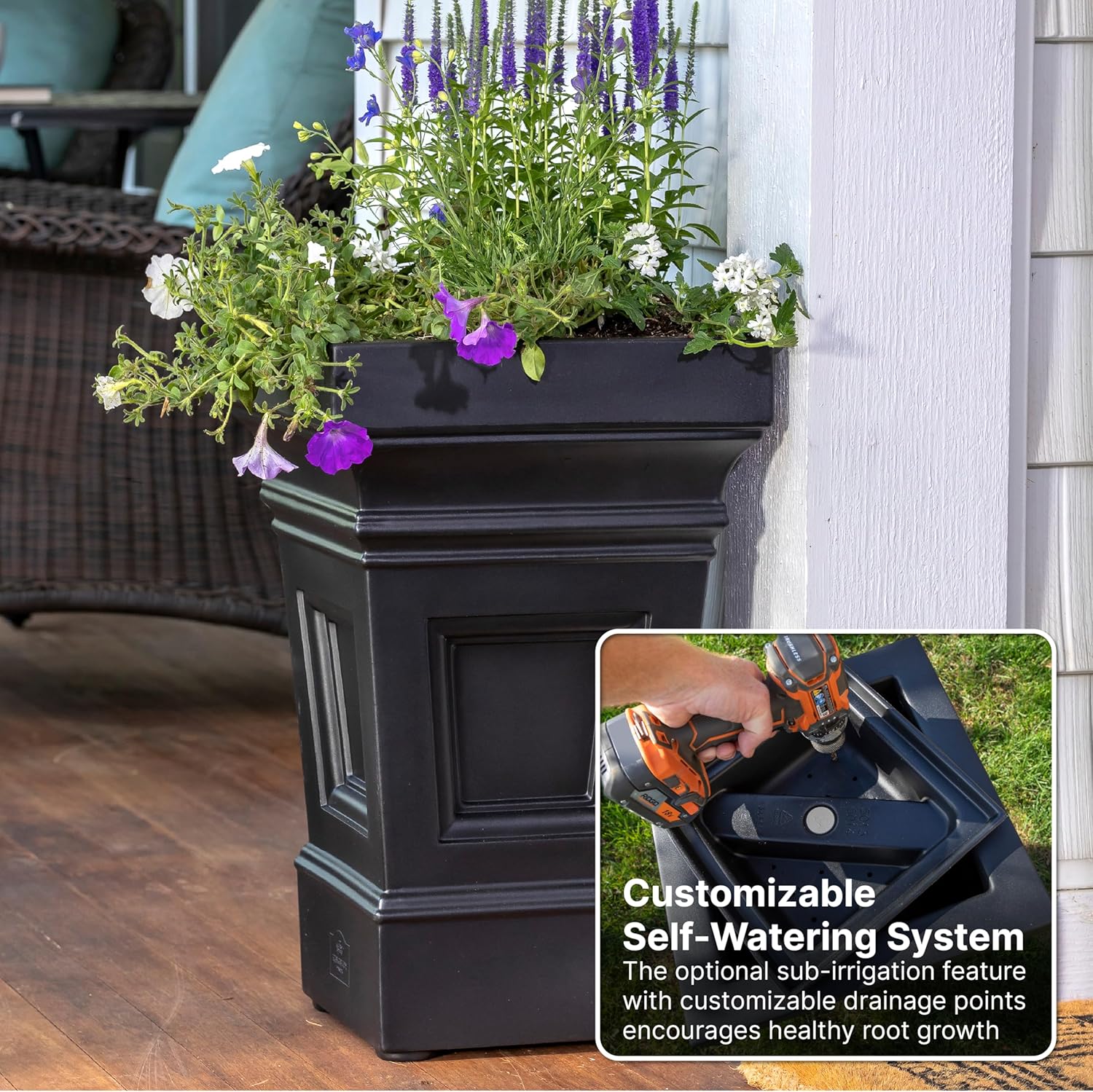 Step2 Atherton Square Planter, Large Planters for Outdoor Plants, Gardening and Flower Pot for Patio or Porch, Efficient Drainage, Durable Plastic
