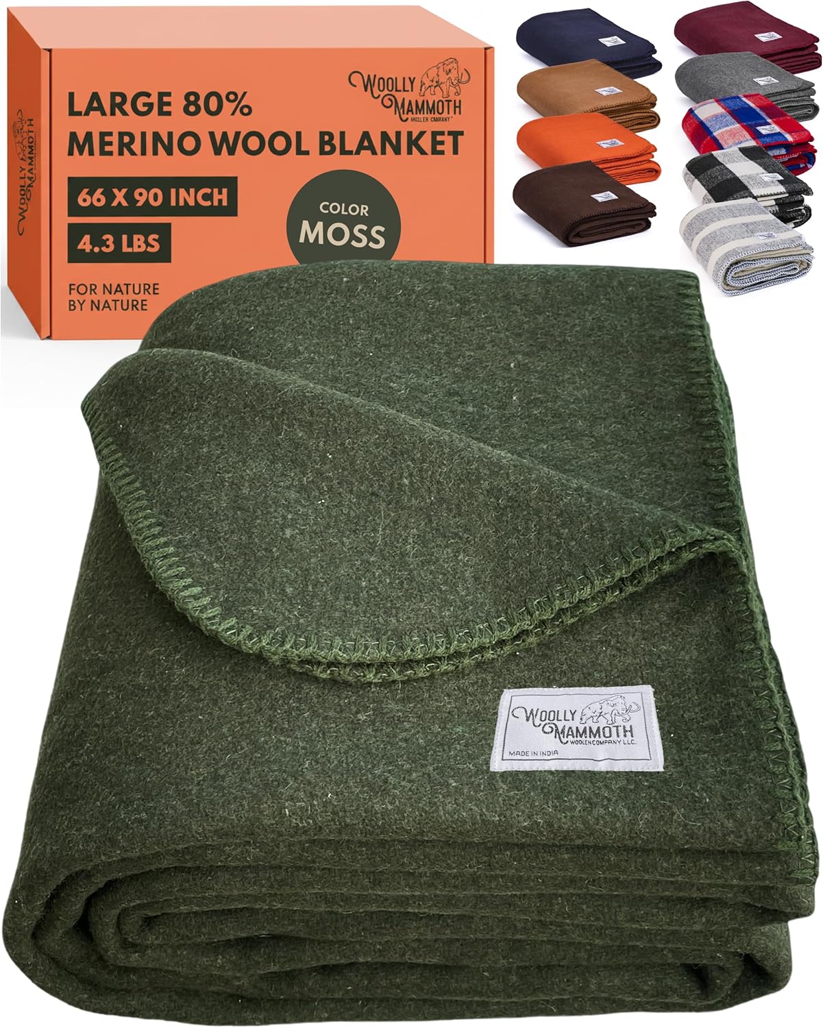 Woolly Mammoth Woolen Company Merino Wool Blanket, 66" x 90" Moss | Temperature Regulating - Fire-Resistant - Warm Camping Blanket for Car Emergency Kits, Picnics, Summer Festivals and Stadiums