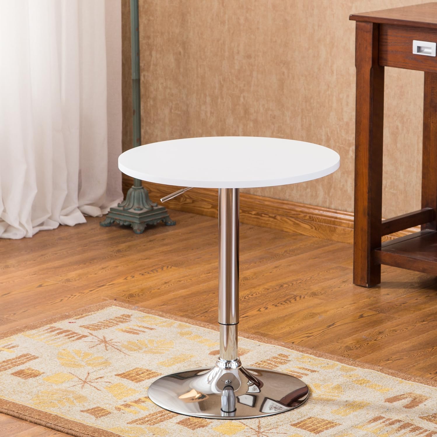 Roundhill Furniture Adjustable Height Wood and Chrome Metal Bar Table, White