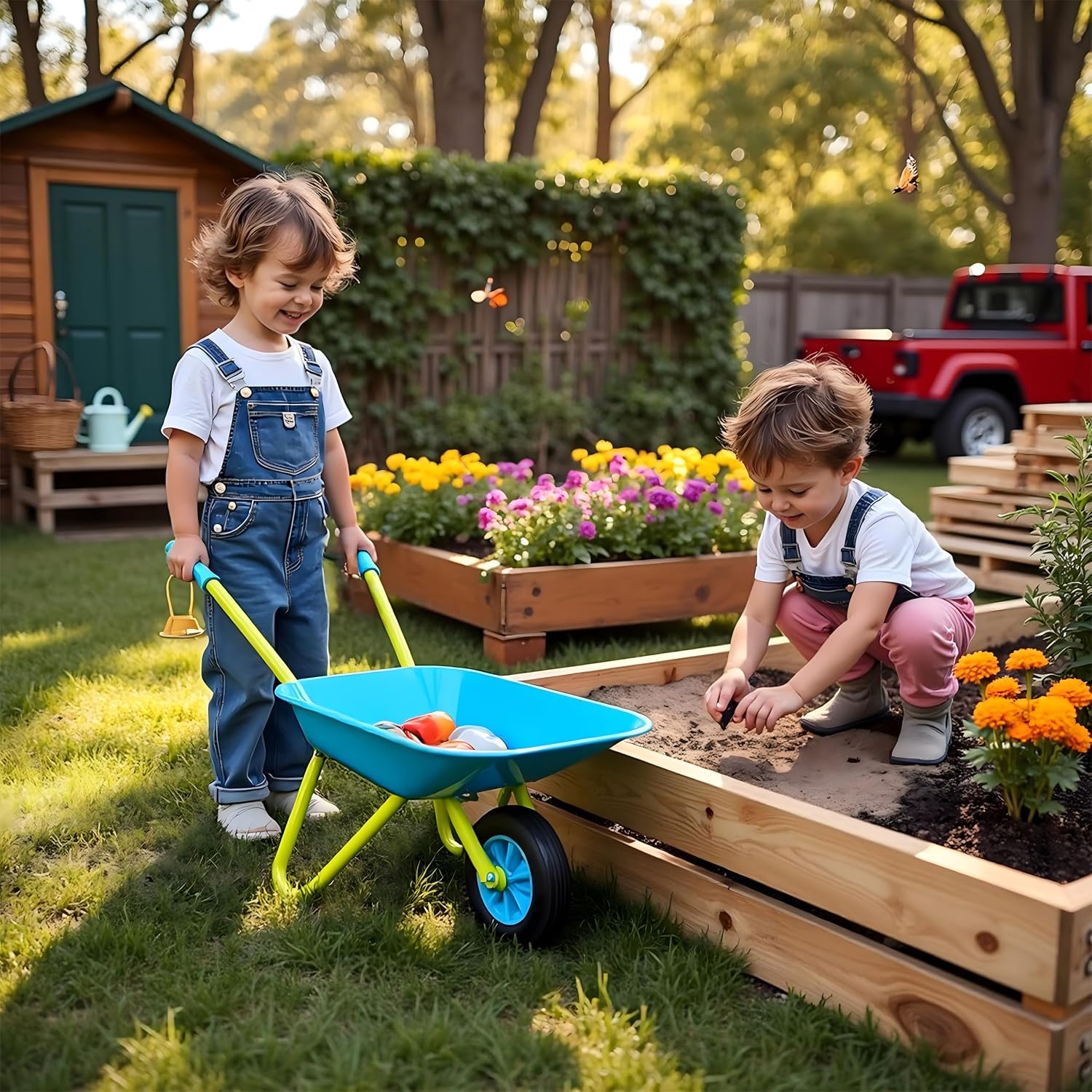 G & F Kids Metal Wheelbarrow, Child-Size Steel Garden Wheelbarrow for Toddlers & Kids, Sturdy Single-Wheel Design for Outdoor Play