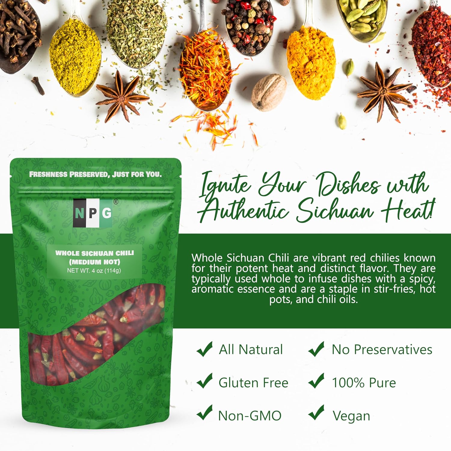 NPG Sichuan Dried Red Chili Peppers 4 Oz, Mild Hot, Whole Chili Peppers