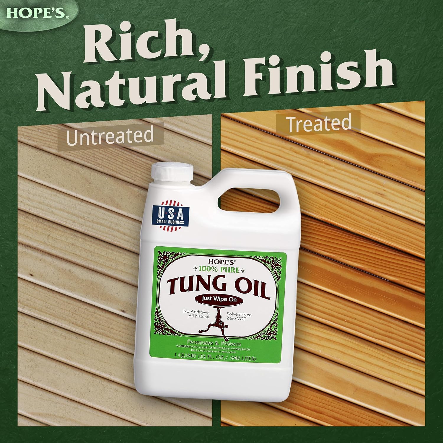 HOPE'S 100% Pure Tung Oil, Food Safe, Premium Waterproof Natural Wood Finish and Sealer for Indoor and Outdoor Projects, 32 Fl Oz