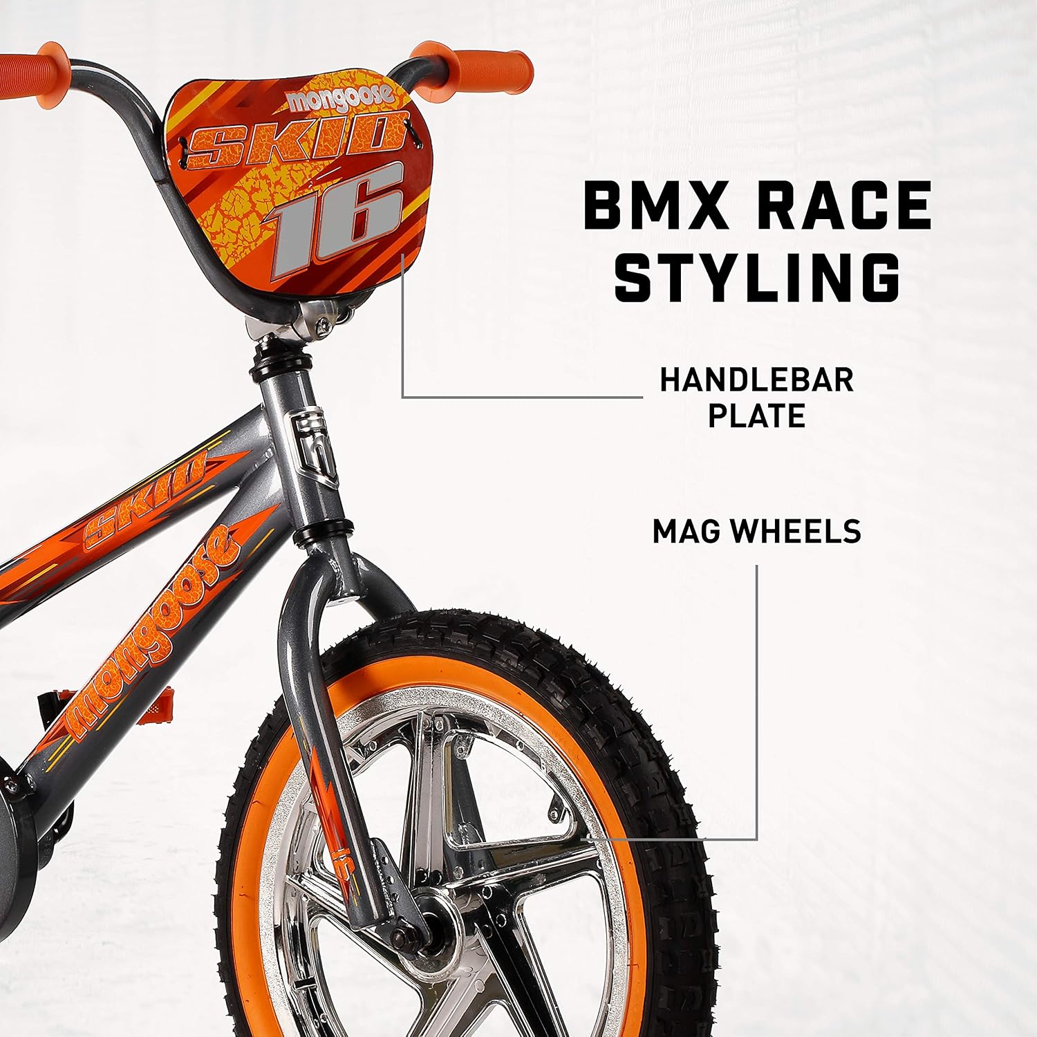 Mongoose Skid Bike, 16 Inch Bike for Kids Ages 3-7, BMX Style, Adjustable Seat Grows with Your Child, Mag Wheels, Training Wheels, Rear Coaster Brake