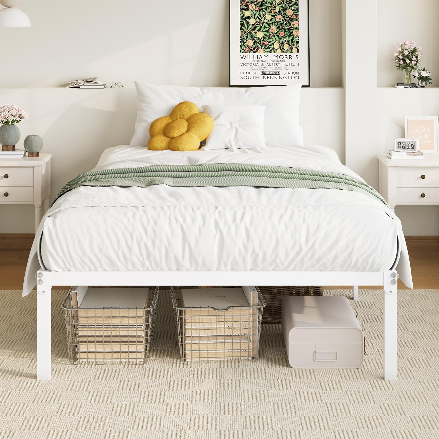 Allewie Full Size Bed Frame, 14 inch Metal Platform Beds with Storage Space, No Box Spring Needed and Easy Assembly, White