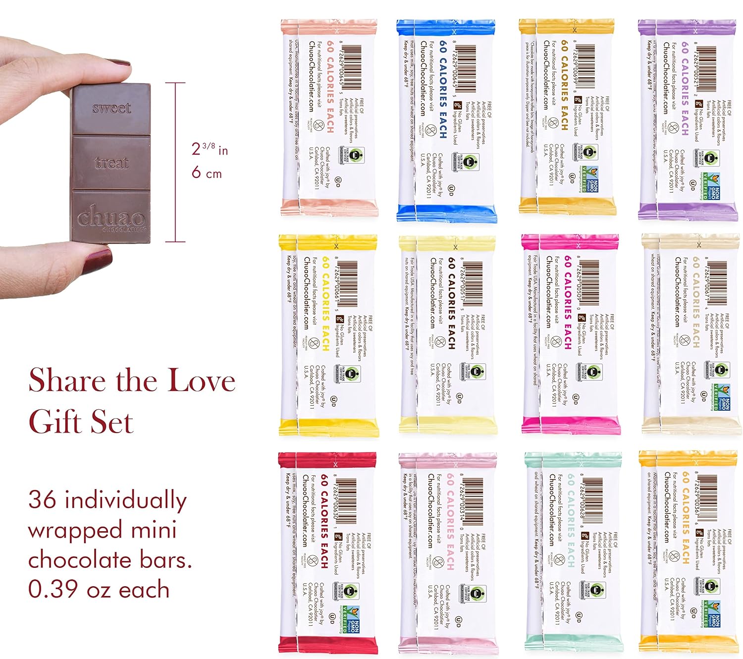 Chuao Chocolatier Share the Love Assorted Milk and Dark Mini Gourmet Chocolate Bars Gift Box | Sampler For Holiday, Birthday, Thank You, Corporate Gift Baskets | 36 Bars, 0.39 oz Each