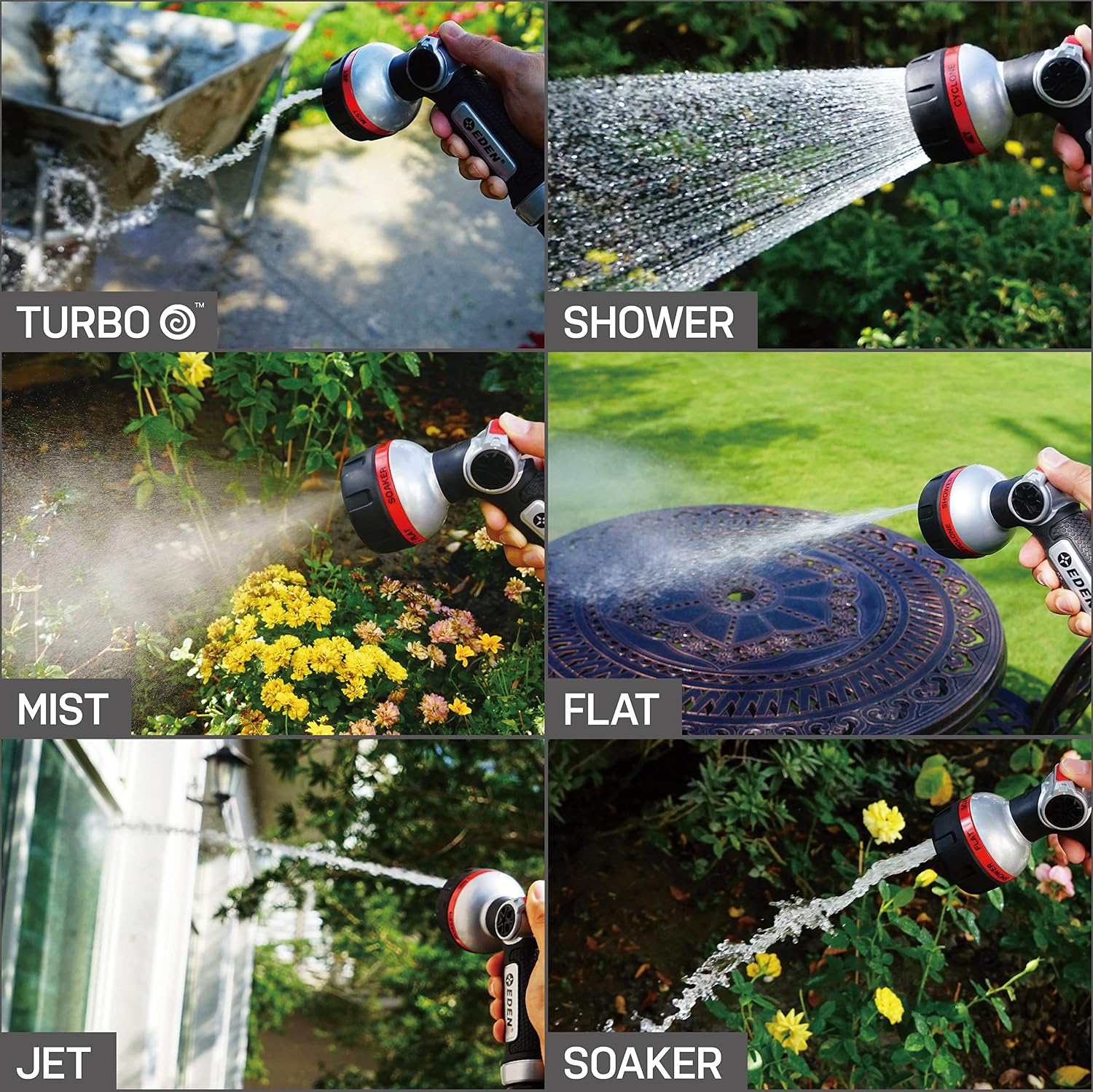 Eden Metal 7-Pattern Hose Nozzle: Thumb Control, Heavy-Duty Zinc Alloy