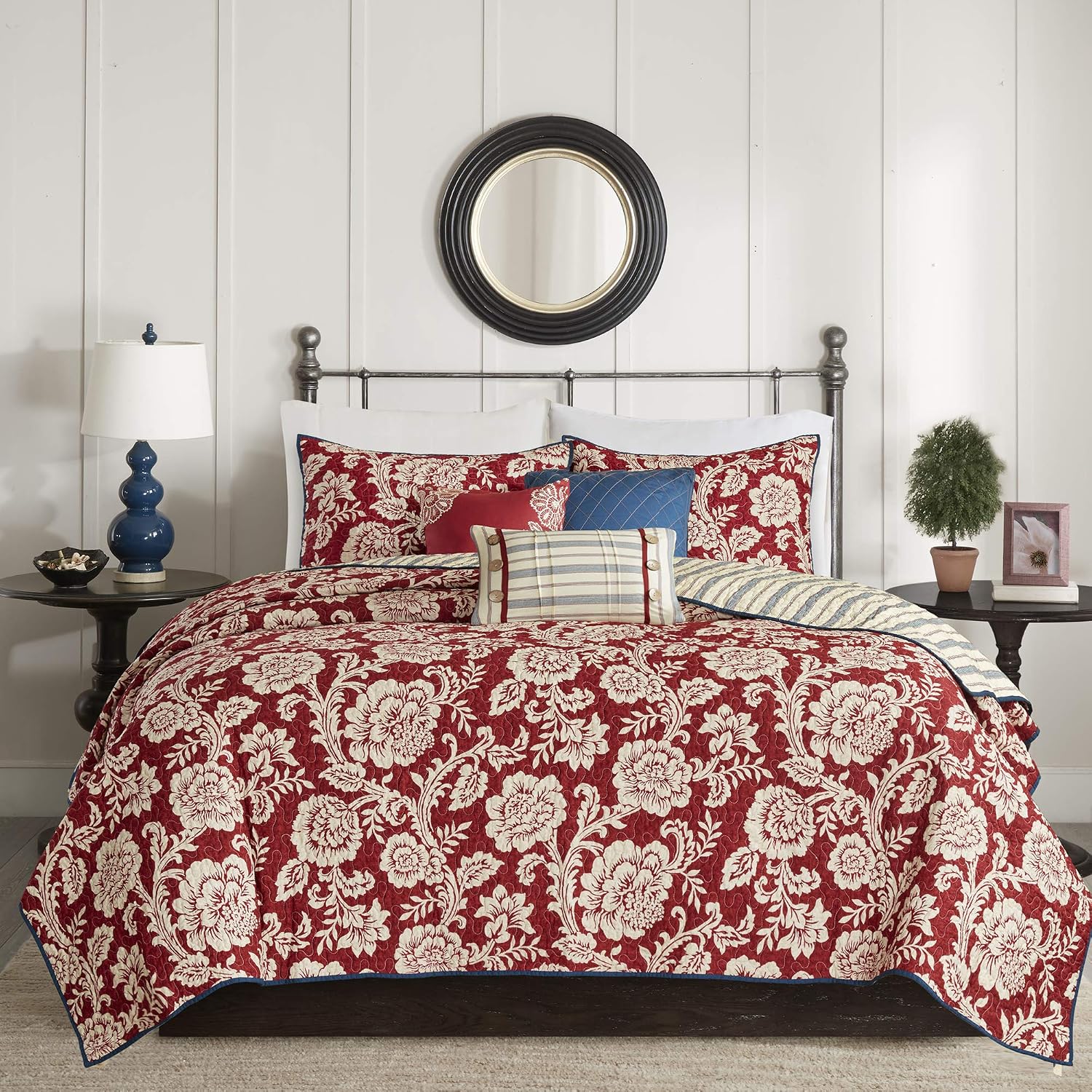 Madison Park Cotton Casual Floral Quilt Set, 6PC Full/Queen Coverlet | Channel Stitching Design, All Season, Lightweight Coverlet Bedspread Bedding, Shams, Decorative Pillows, Taupe Grey/Purple