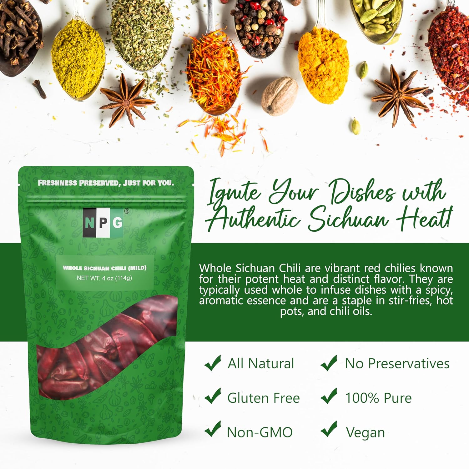NPG Sichuan Dried Red Chili Peppers 4 Oz, Mild Hot, Whole Chili Peppers