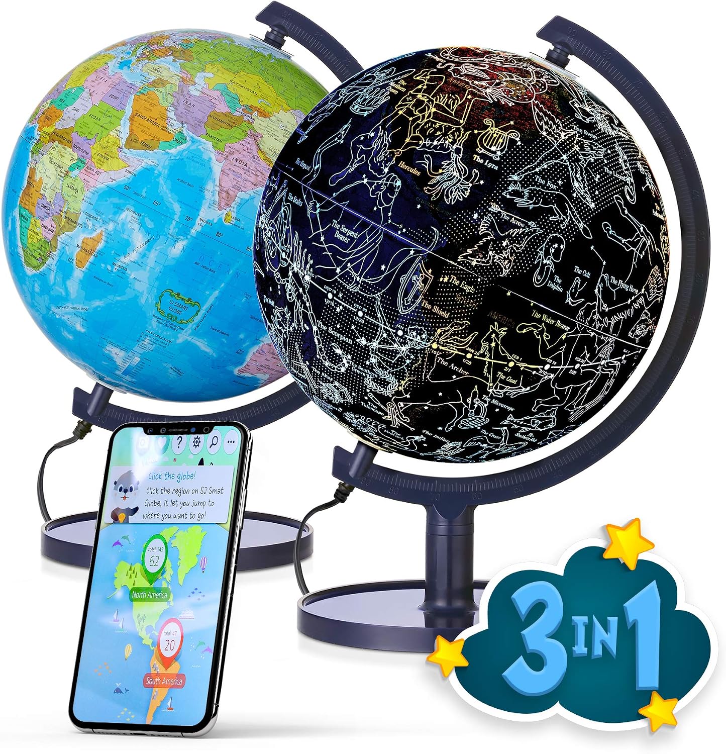 Interactive 10" Globe for Children with Stand (DIY) - App-Compatible, 400 Wonders, 1000+ Facts, LED Constellations, STEM Globe