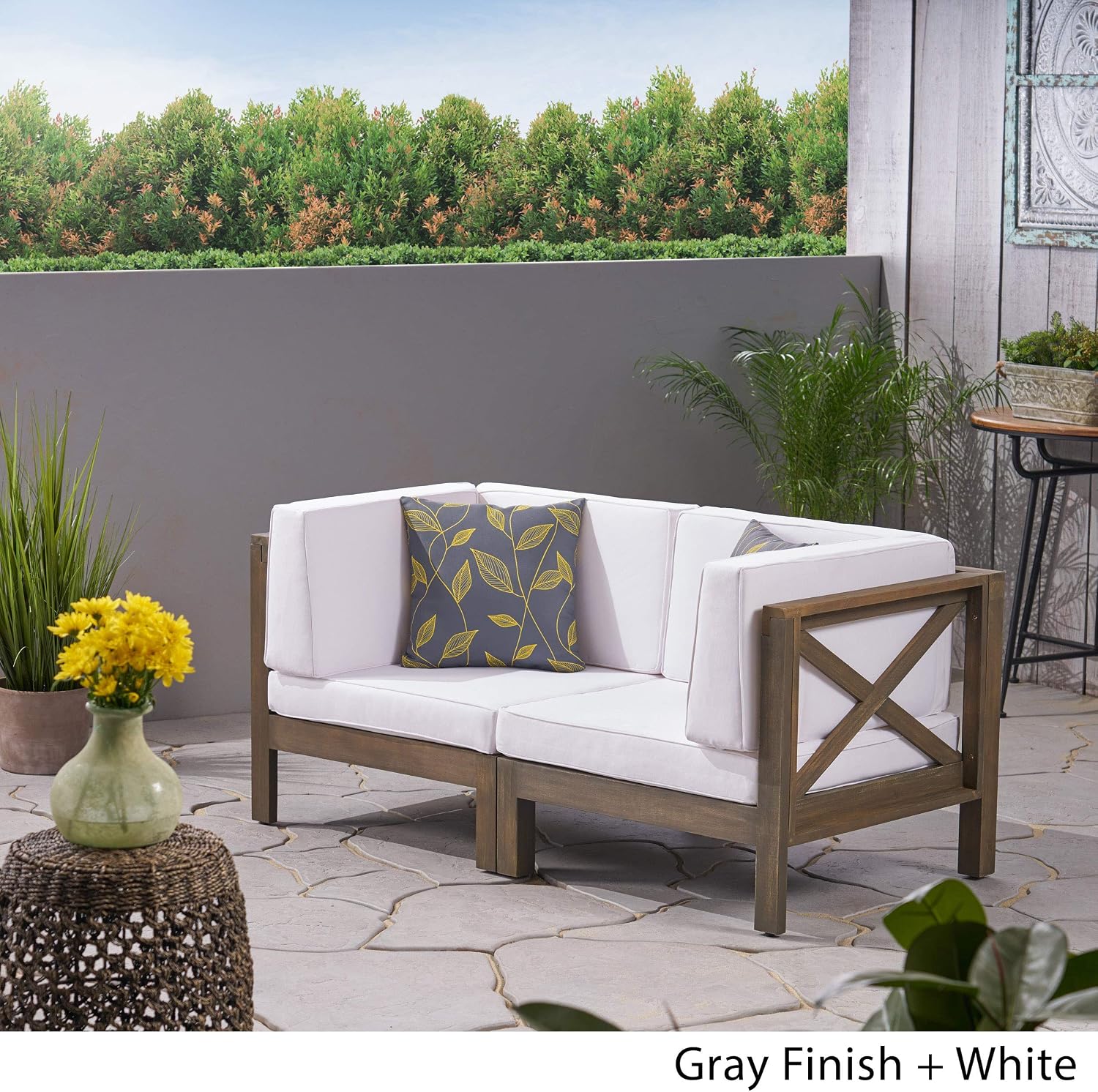 GDFStudio Outdoor Sectional Loveseat Set | 2-Seater | Acacia Wood | Water-Resistant Cushions | Teak and Beige