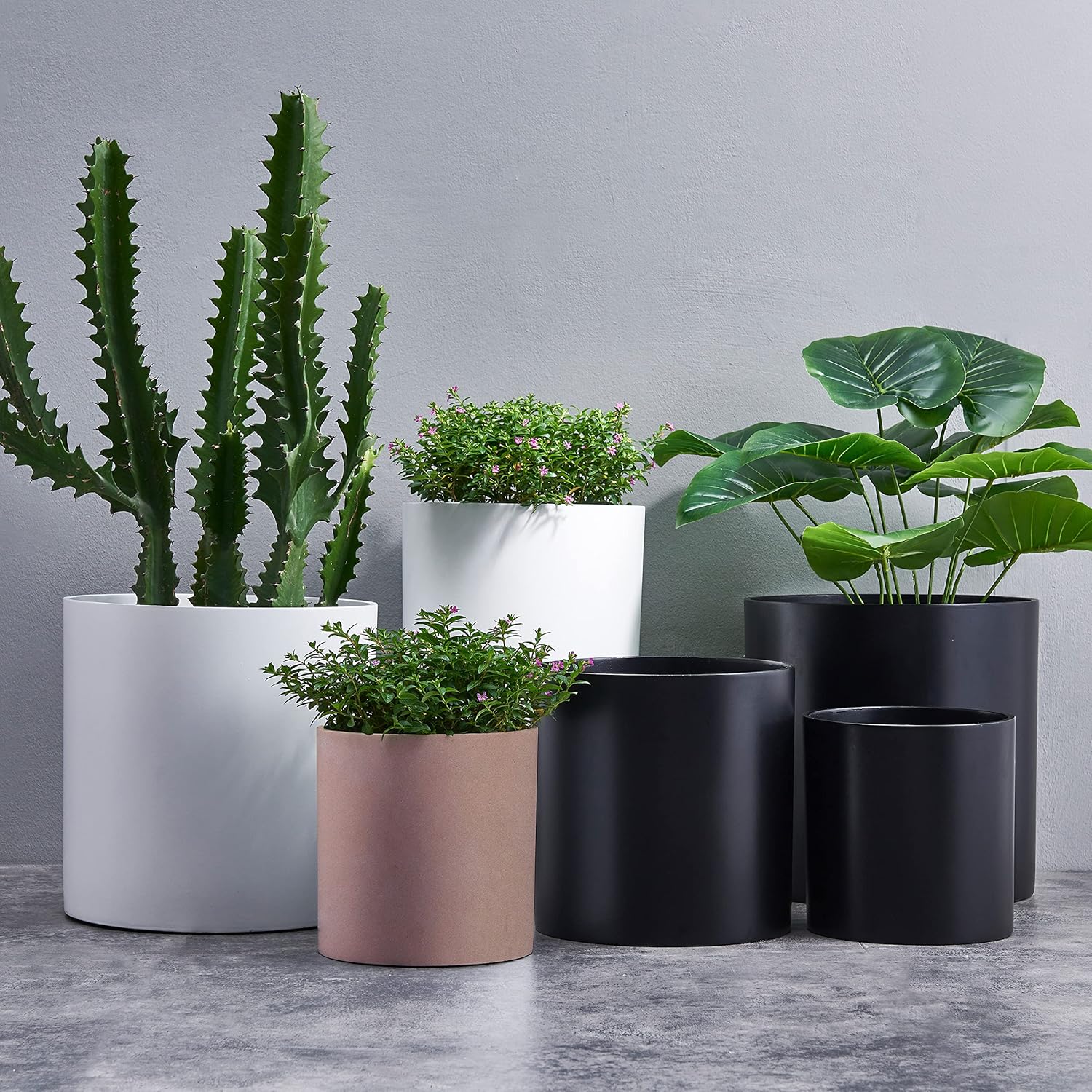 FaithLand 14 Inch Fiberstone Planter - Lightweight Modern Cylinder Plant Pot with Drainage Hole & Plug, Indoor Outdoor Use, Matte White