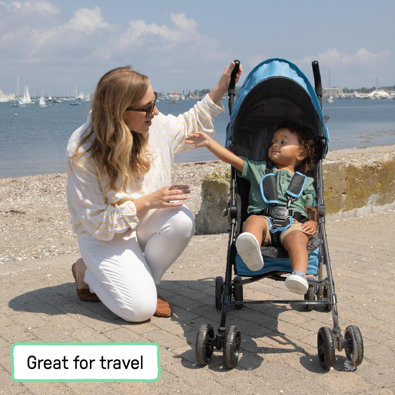 Ingenuity 3D Mini Convenience Stroller – Lightweight Stroller with Compact Fold, Multi-Position Recline, Canopy with Pop Out Sun Visor – Umbrella Stroller for Travel & More, Blue/Black