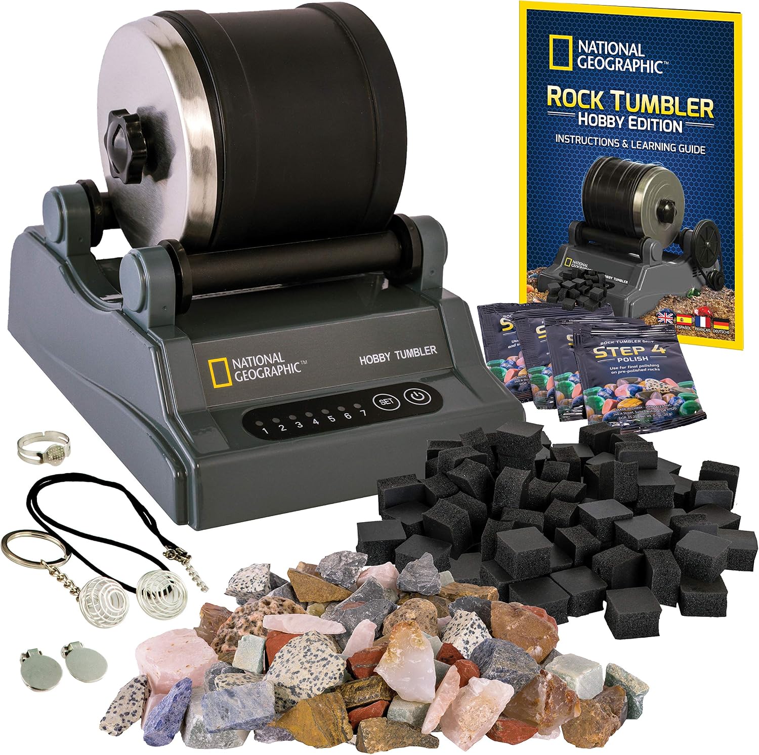National Geographic Hobby Rock Tumbler Kit for Kids and Adults Ages 8+ | Rough Gemstones, 4 Polishing Grits, Rock Polisher, Geology Science Kit, Rock Tumbling for Kids and Adults, Birthday Gift