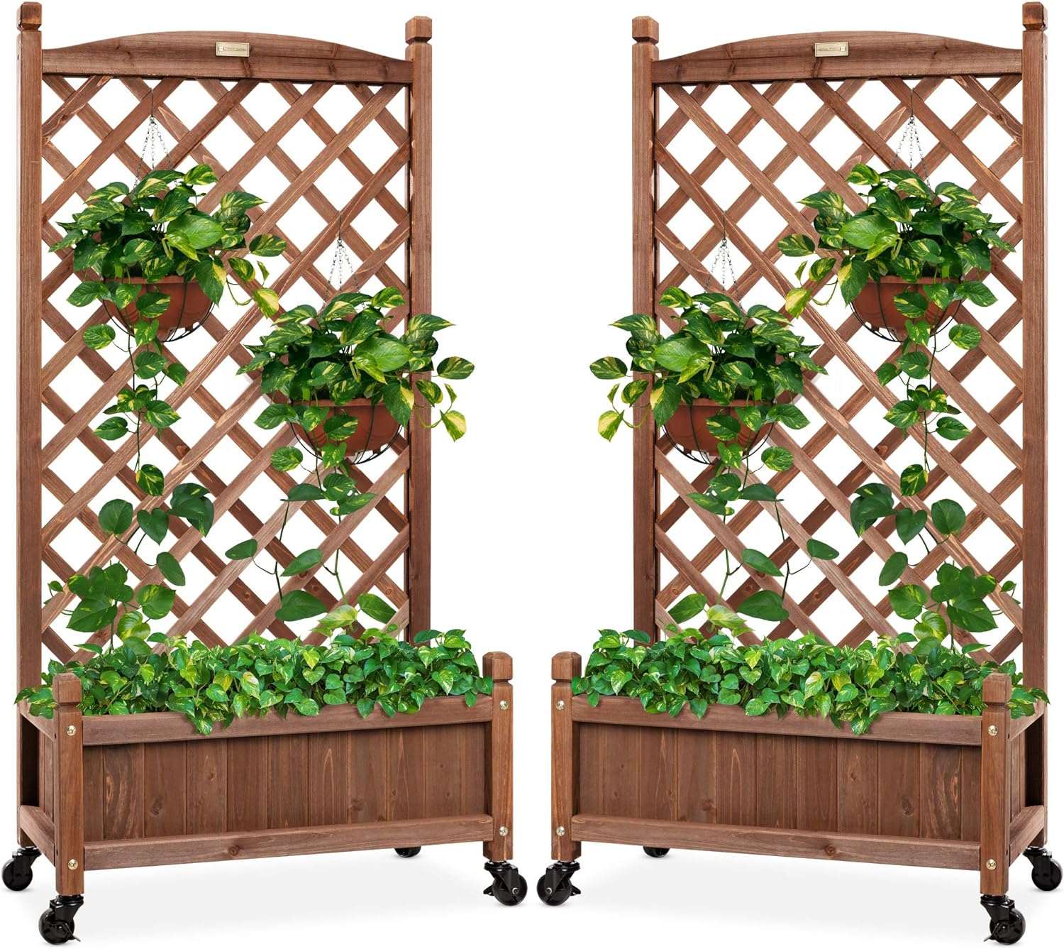 Best Choice Products Set of 2 48in Wood Planter Box & Diamond Lattice Trellis, Mobile Outdoor Raised Garden Bed for Climbing Plants w/Drainage Holes