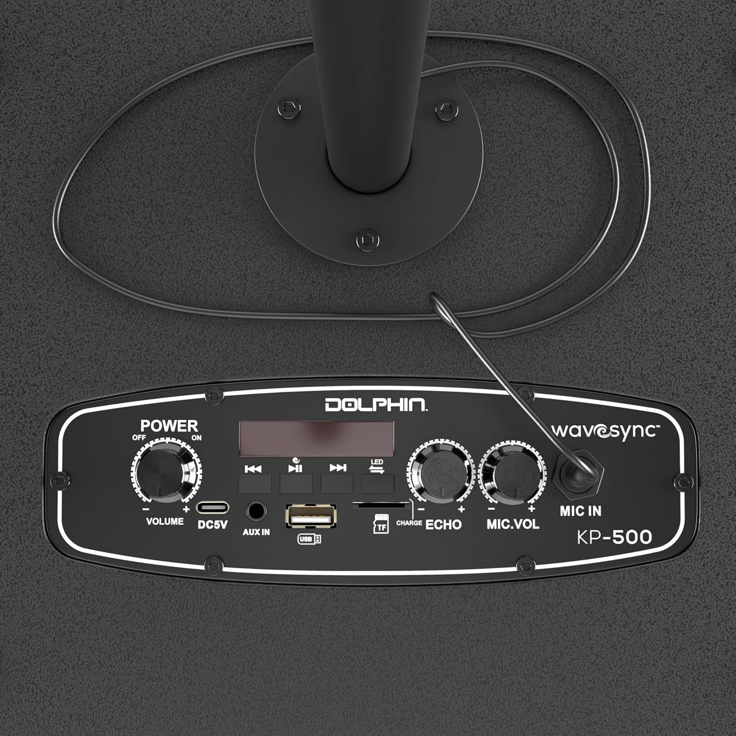 Dolphin Portable Bluetooth Party Speaker with Wired Microphone & Stand | WaveSync Pairing, LED Lights, USB, TF, FM Radio & AUX Inputs, Phone Holder