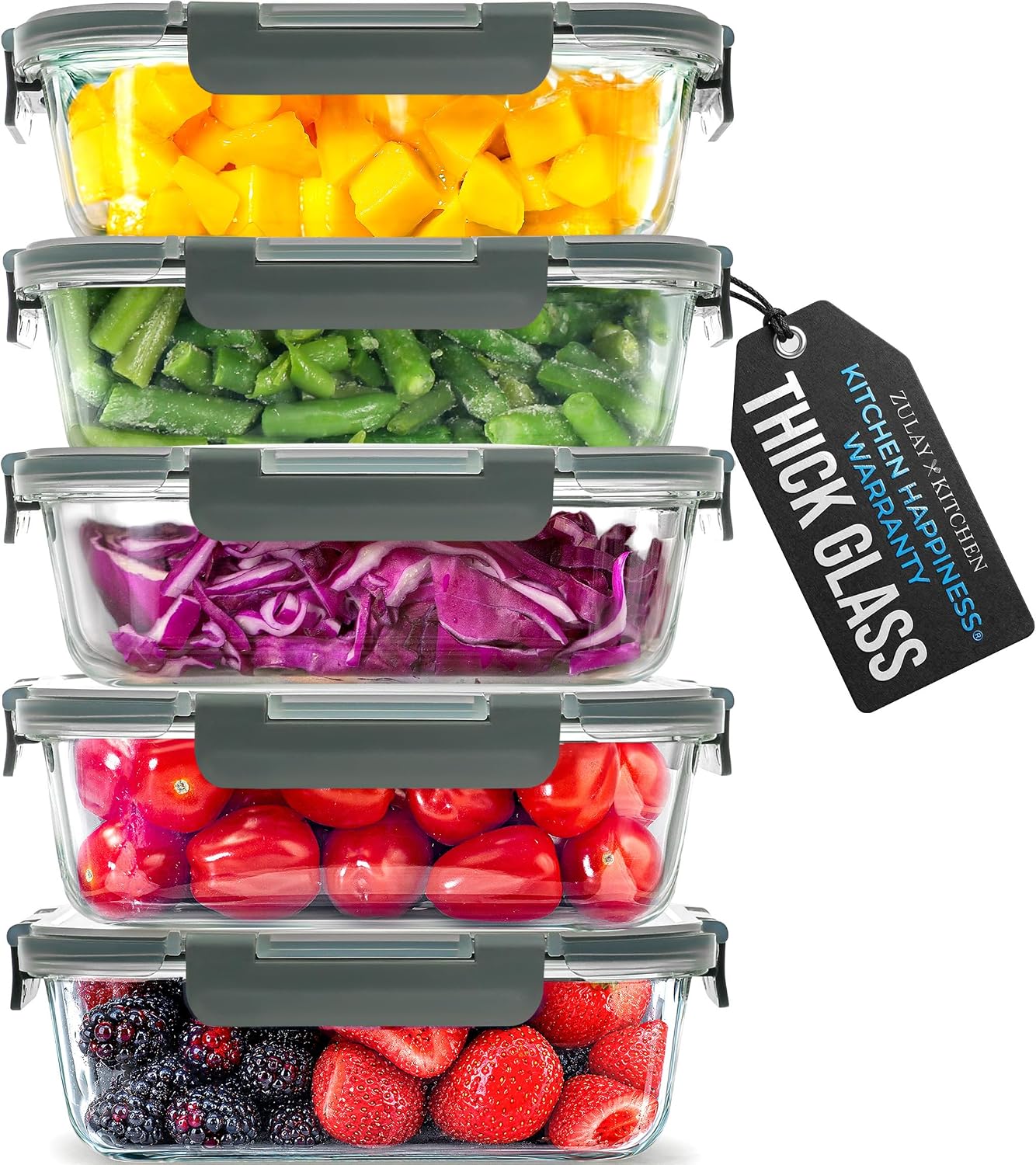 Zulay Kitchen 5 Piece Large 36oz Glass Storage Container Sets with Lids - Premium BPA Free Borosilicate Glass Food Storage Containers - Leak-Proof