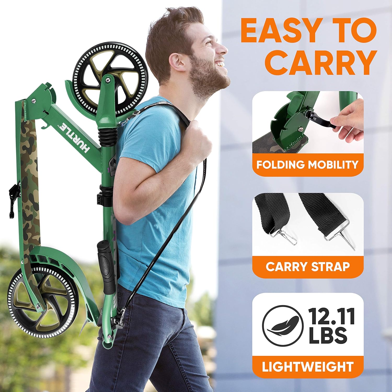 Hurtle Renegade Kick Scooter for Kids, Teenagers & Adults - 2-Wheel Folding Scooter with Adjustable T-Bar Handlebar - Alloy Anti-Slip Deck