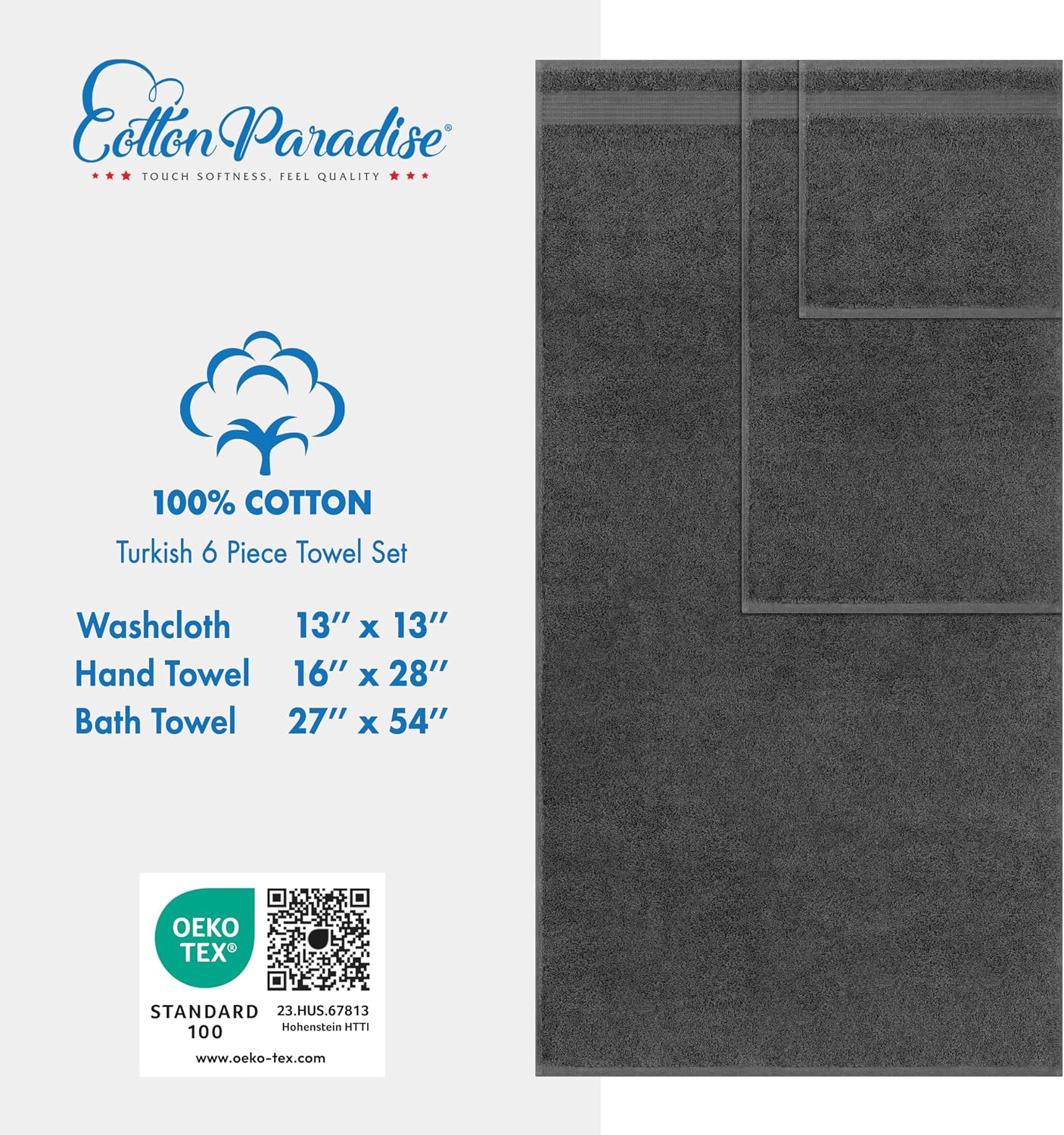 Cotton Paradise Towel Set of 6, 2 Bath Towels, 2 Hand Towels and 2 Washcloths Towels for Bathroom Sets, Smoke Gray