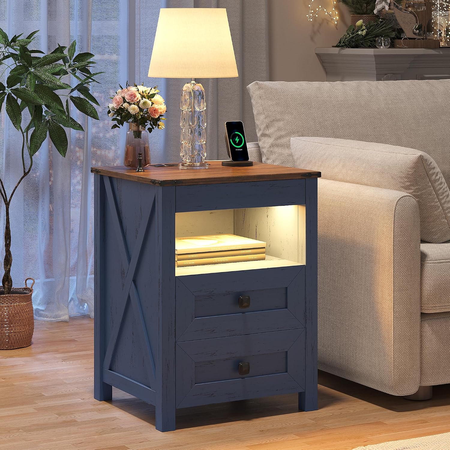 TAGELIER LED Nightstand Set of 2 with Charging Station, Brown | Invisible Lock Hidden Drawer, Smart Human Sensor Light, Farmhouse Bedside Table