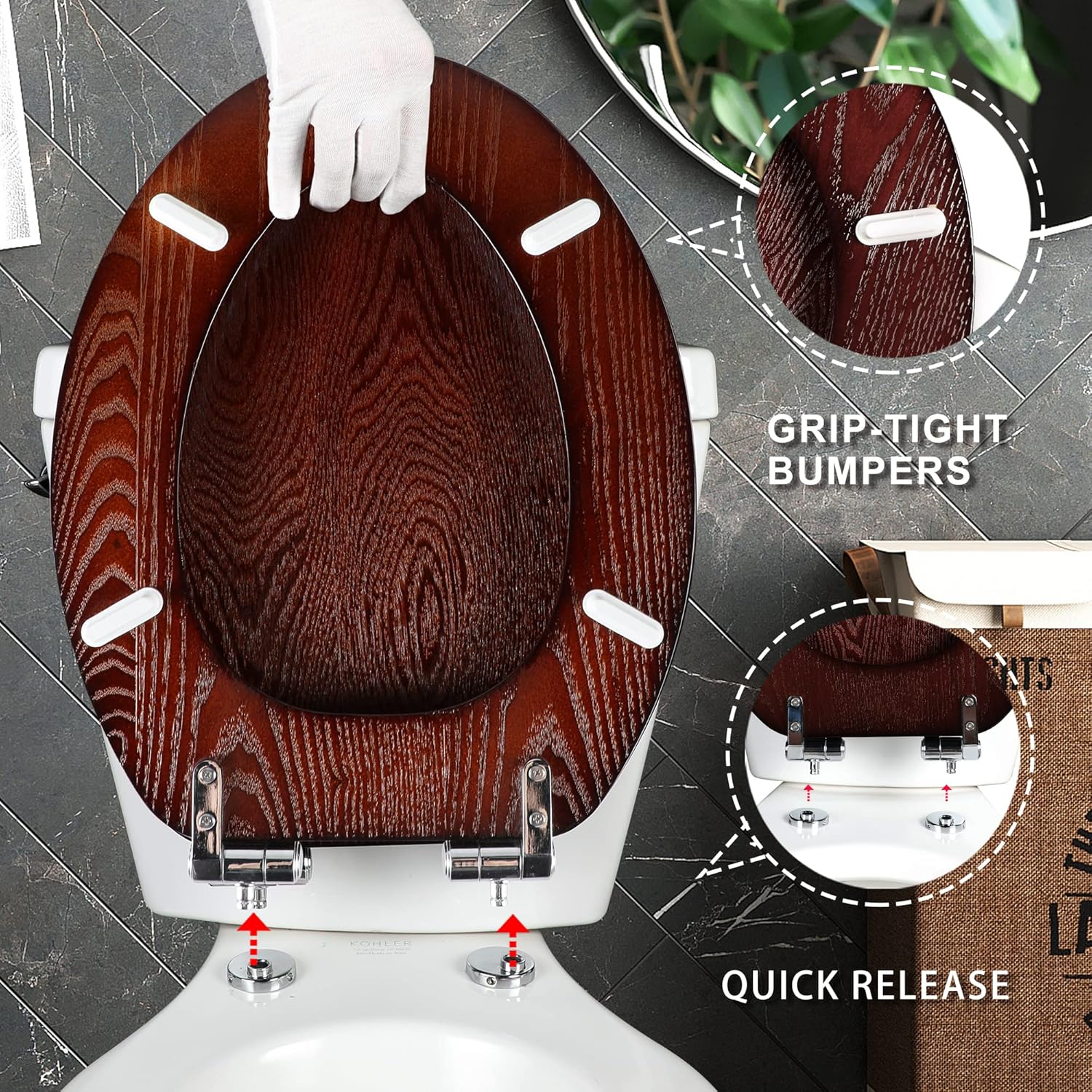 Angel Shield Toilet Seat with Zinc Alloy Hinges Quiet-Close Quick-Release Wood Molded UV Lid Easy Clean(Elongated,Black)