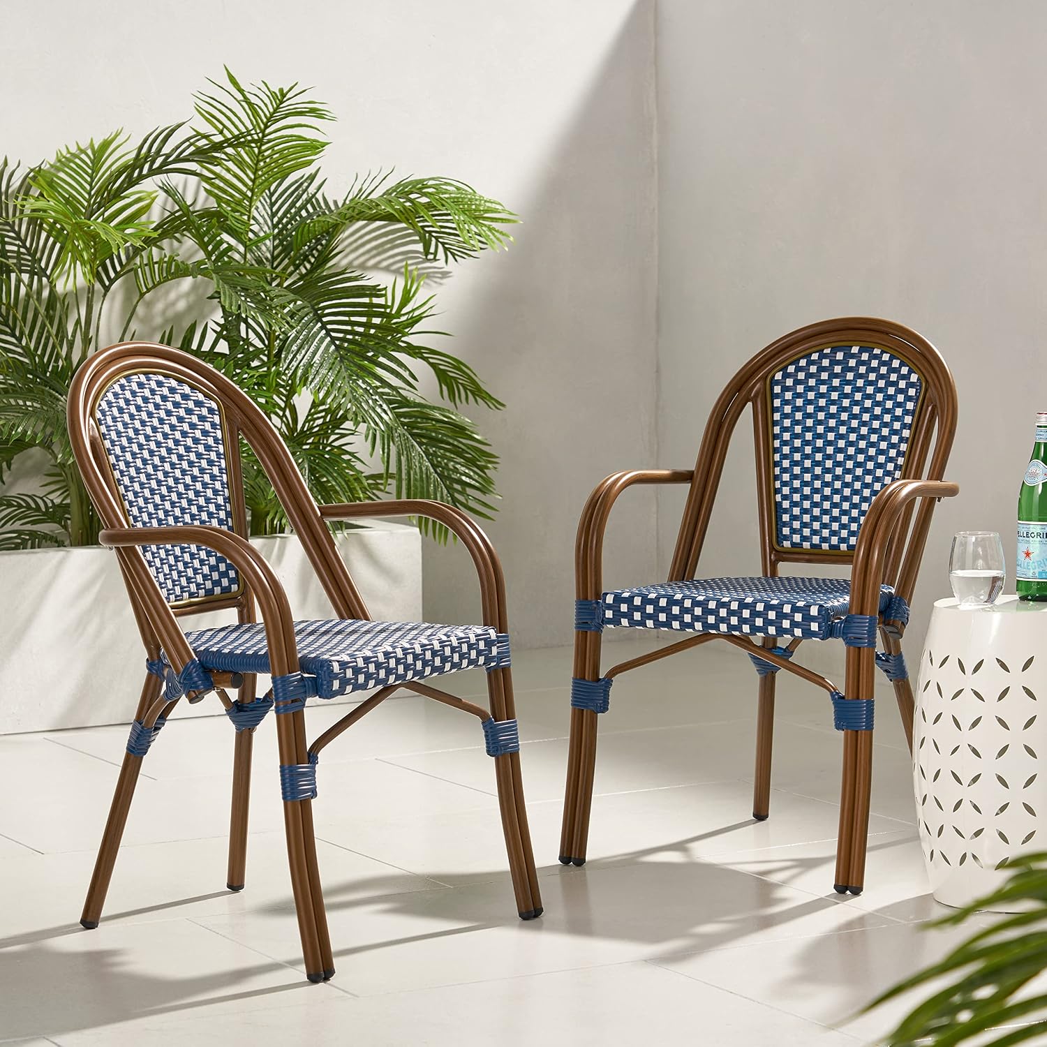 Christopher Knight Home Anastasia Outdoor French Bistro Chair (Set of 2), Black + White + Bamboo Print Finish