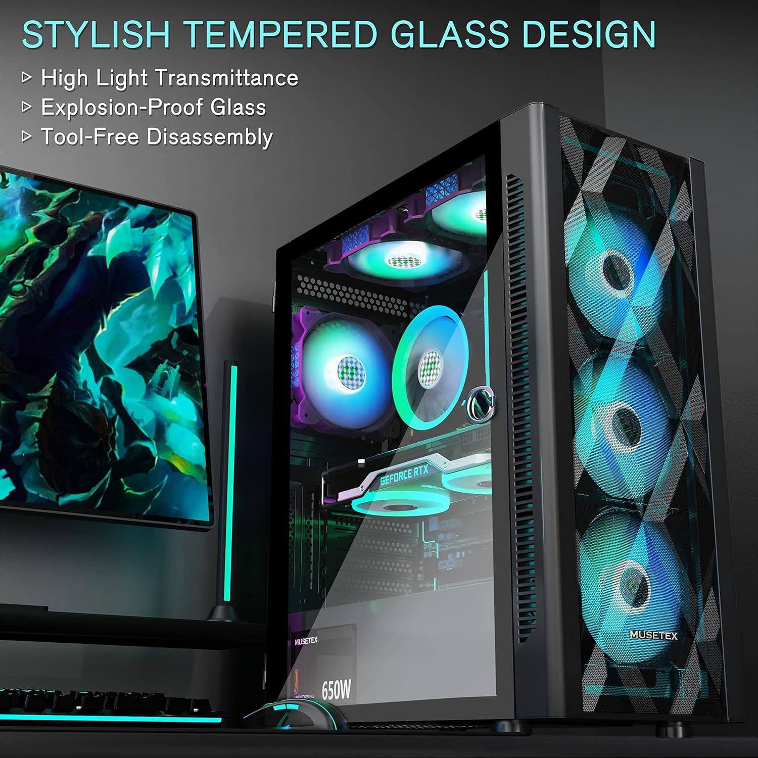 MUSETEX ATX PC Case Pre-Install 6 PWM ARGB Fans, Polygonal Mesh Computer Gaming Case, Opening Tempered Glass Side Panel Mid-Tower Case, USB 3.0 x 2