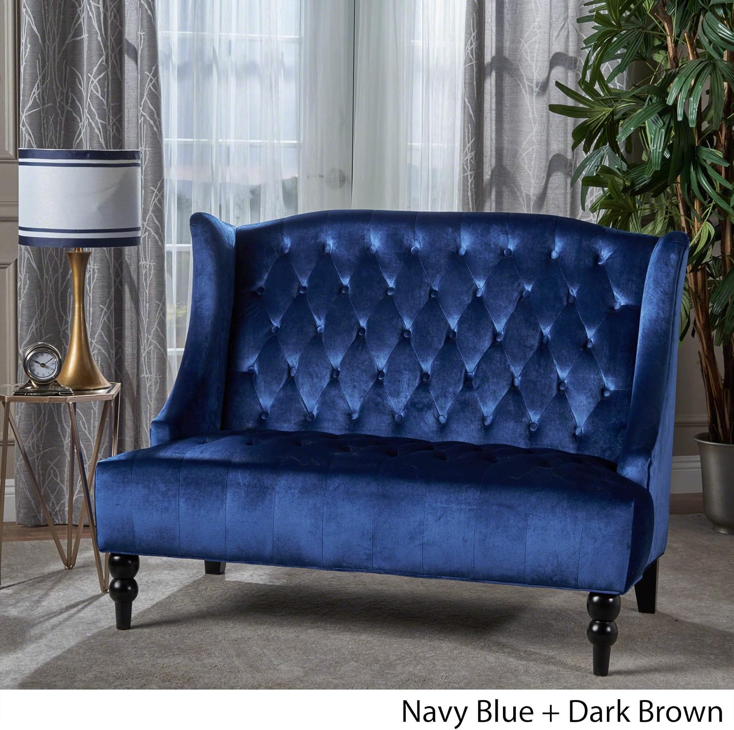 GDFStudio Modern Glam Tufted Velvet Wingback Loveseat, Navy Blue and Dark Brown