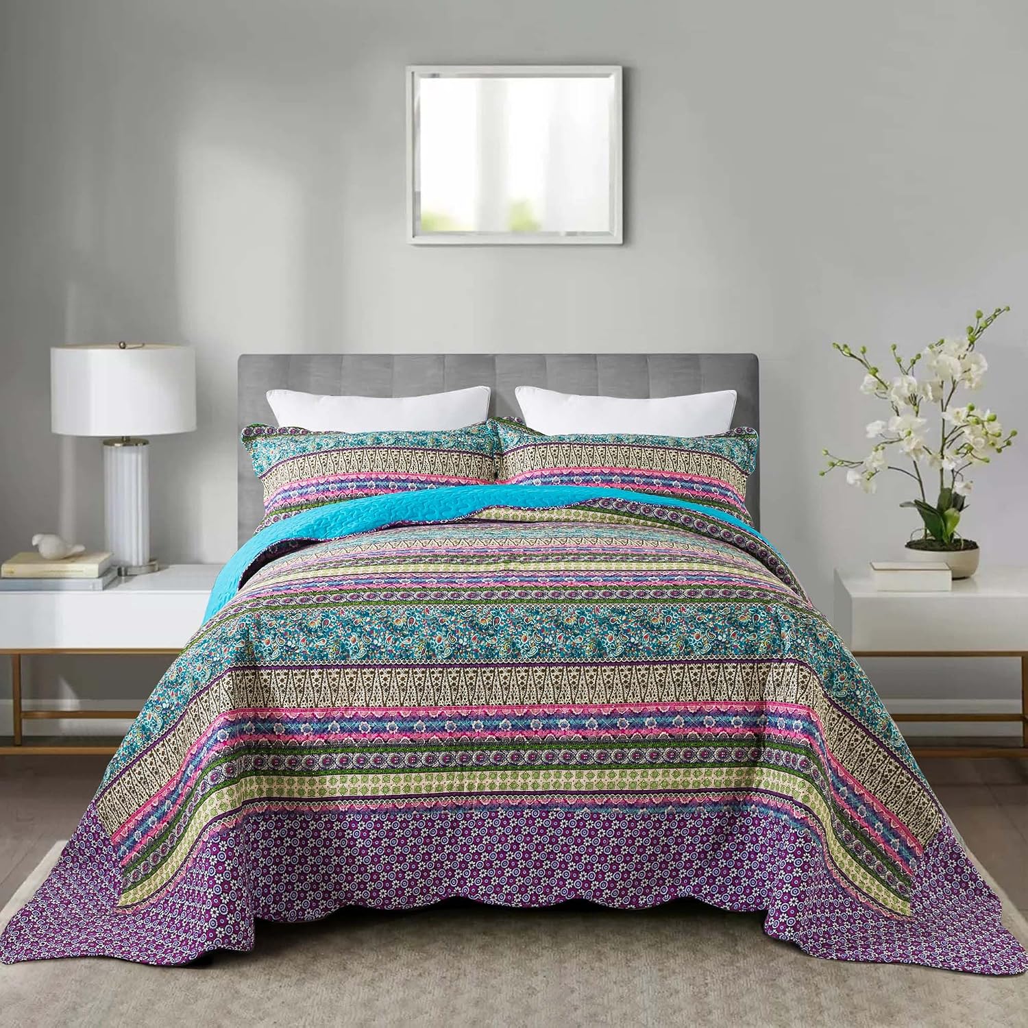 Striped Jacquard Style Cotton 3-Piece Patchwork Bedspread Quilt Sets, Queen Size