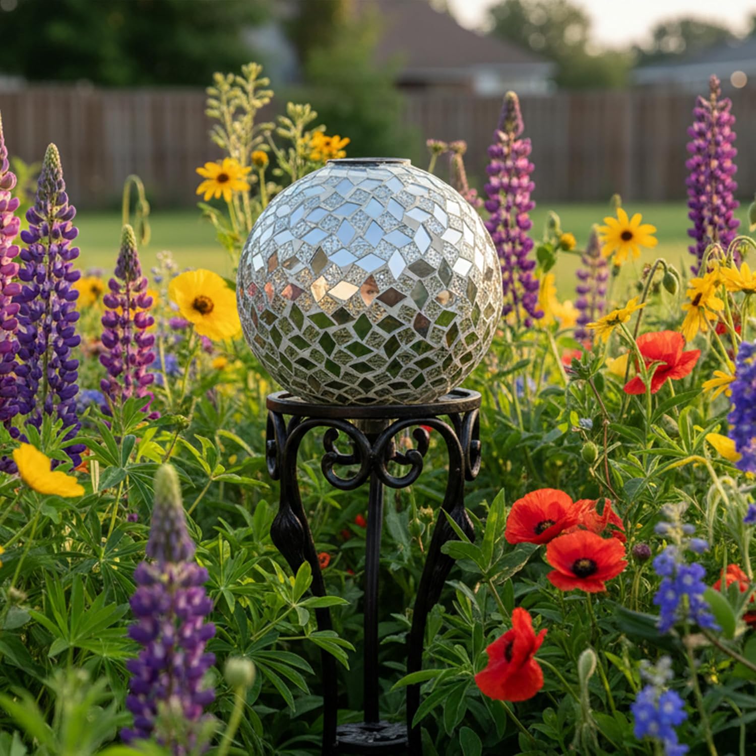 Sunnydaze Solar Gazing Ball for Garden, Mosaic Cool Blooms