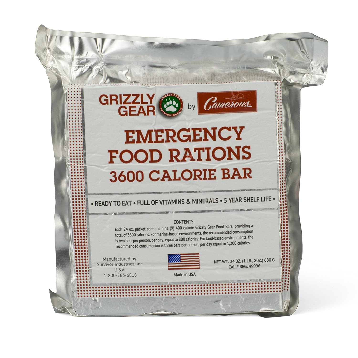 Grizzly Gear Emergency Food Rations- 3600 Calorie Bar (Vanilla Poundcake) - 3 Day, 72 Hour Ready To Eat Supply For Disaster, Hurricane, Flood Preparedness - Non Thirst Provoking - 5 Year Shelf Life