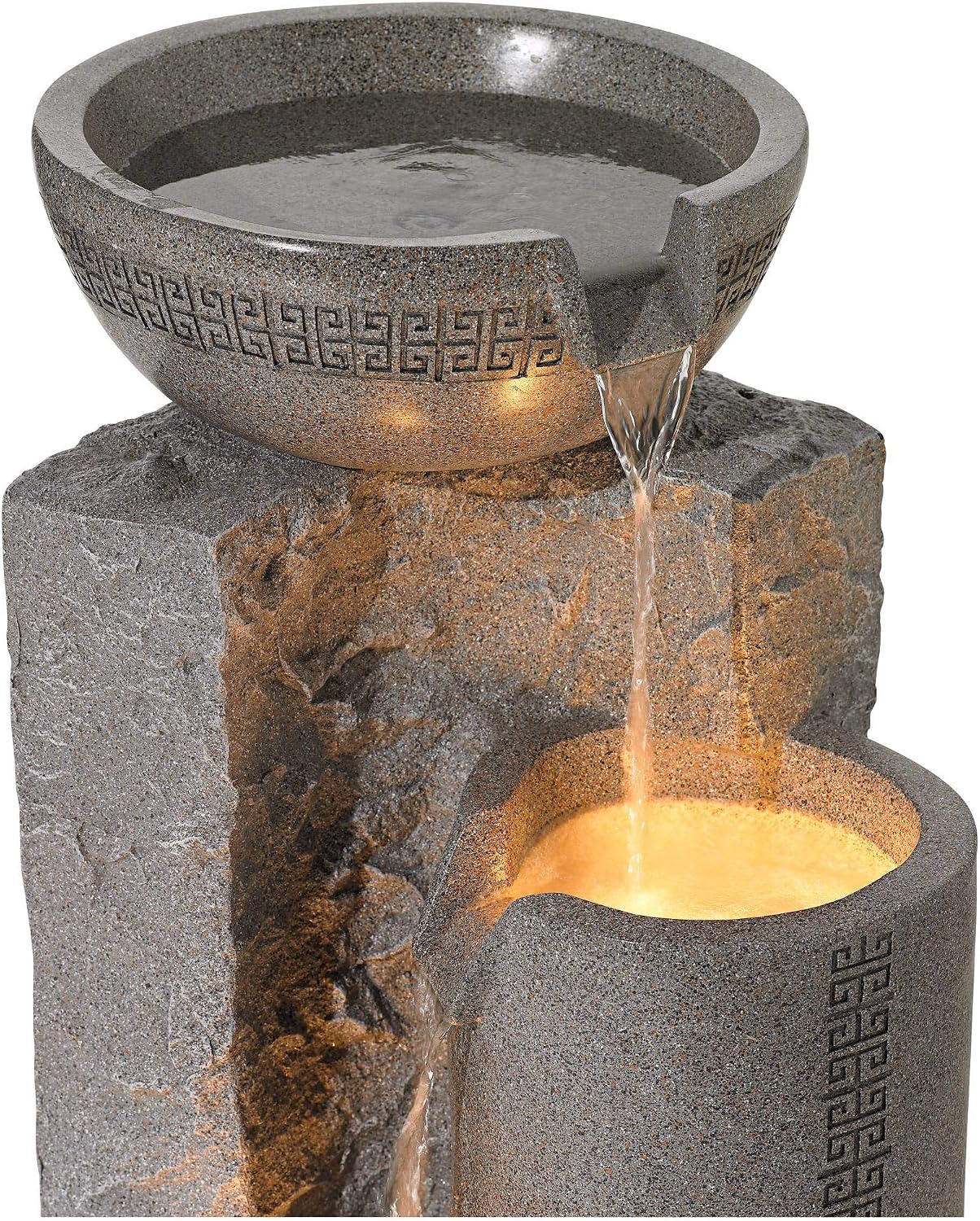 Outdoor Large Bowl and Pillar 34 1/2" High Modern Fountain with LED Lights | Zen Decor Faux Stone Floor Standing Waterfall Tiered Water Feature for
