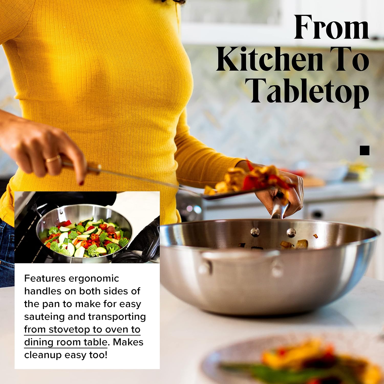 Willow & Everett Stainless Steel Flat Bottom Wok Pan, Professional Traditional Stir Fry Cookware w/Domed Lid & Spatula