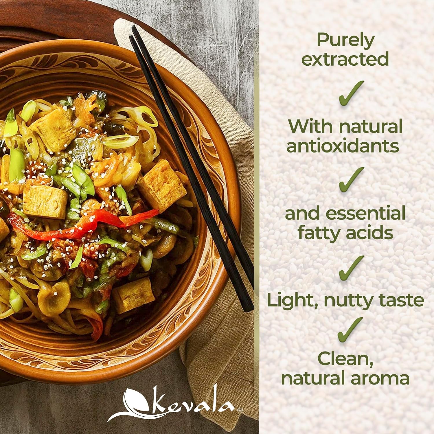 Kevala Organic Extra Virgin Sesame Oil – Cold Pressed, Unrefined & Non-GMO Cooking Oil for Salad, Frying, Baking