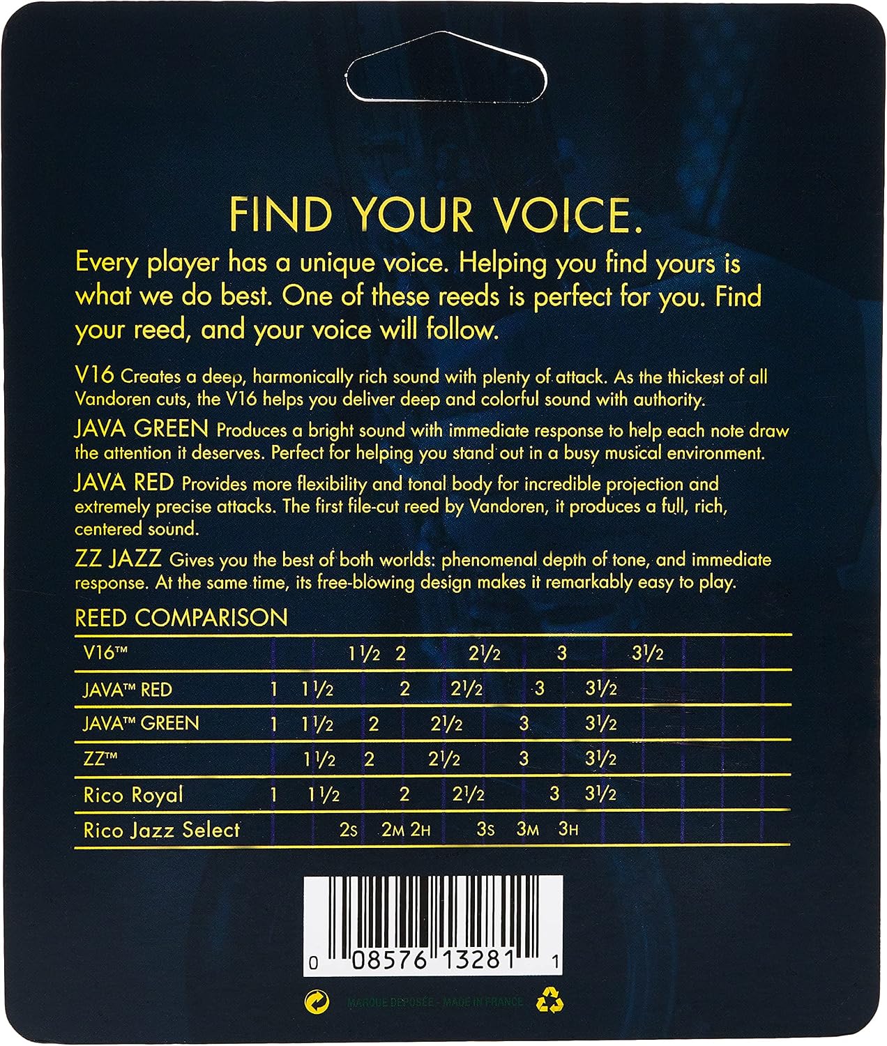 Vandoren SRMIXA3 Alto Sax Jazz Reed Mix Card includes 1 each ZZ, V16, JAVA and JAVA Red Strength 3