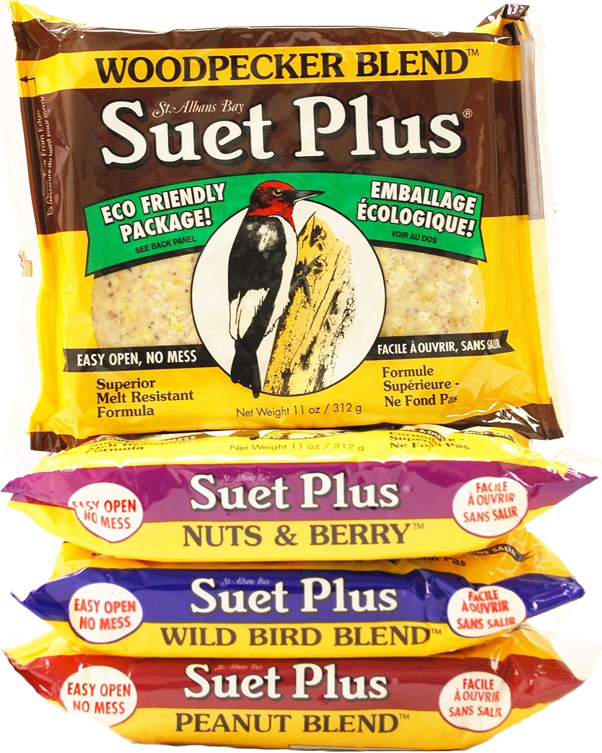 ST. ALBANS BAY SUET PLUS Variety Pack of 4 Flavors of Suet Cakes for Wild Birds 11 Ounces Each