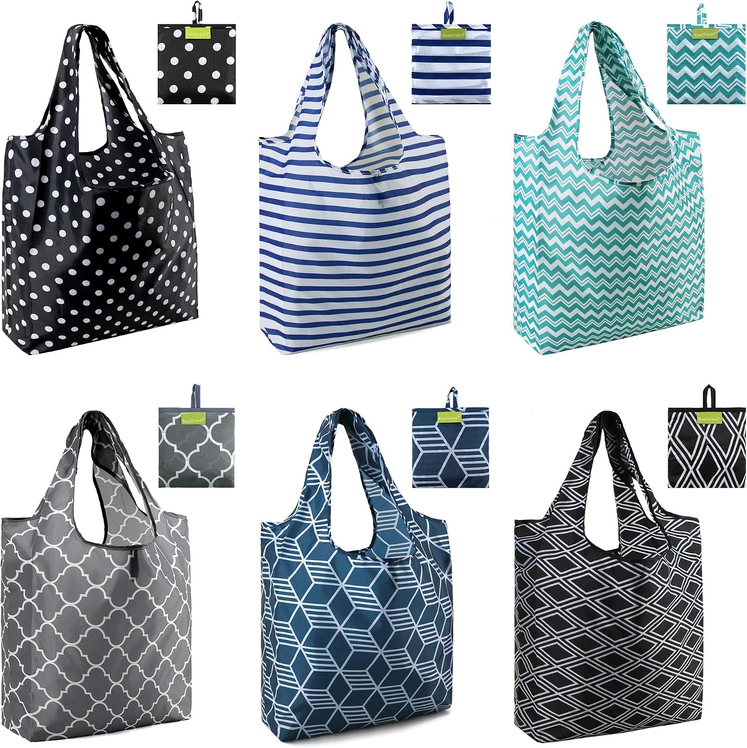 BeeGreen Grocery Bags | Reusable Gift Bags, Large Tote for Women & Foldable Beach Bag - 6 Pack Reusable Bag With Handles | Collapsible Cute Cloth Storage for Market, Holiday & Shopping | Washable​