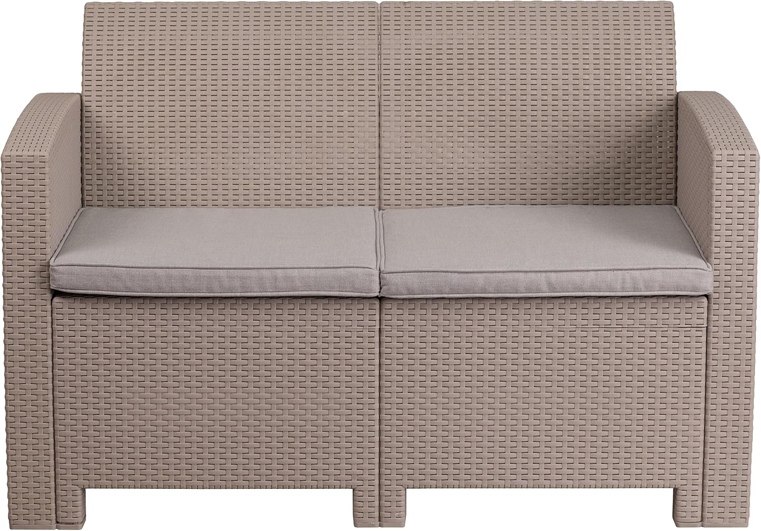 EMMA + OLIVER Light Gray Faux Rattan Loveseat with Light Gray Cushions