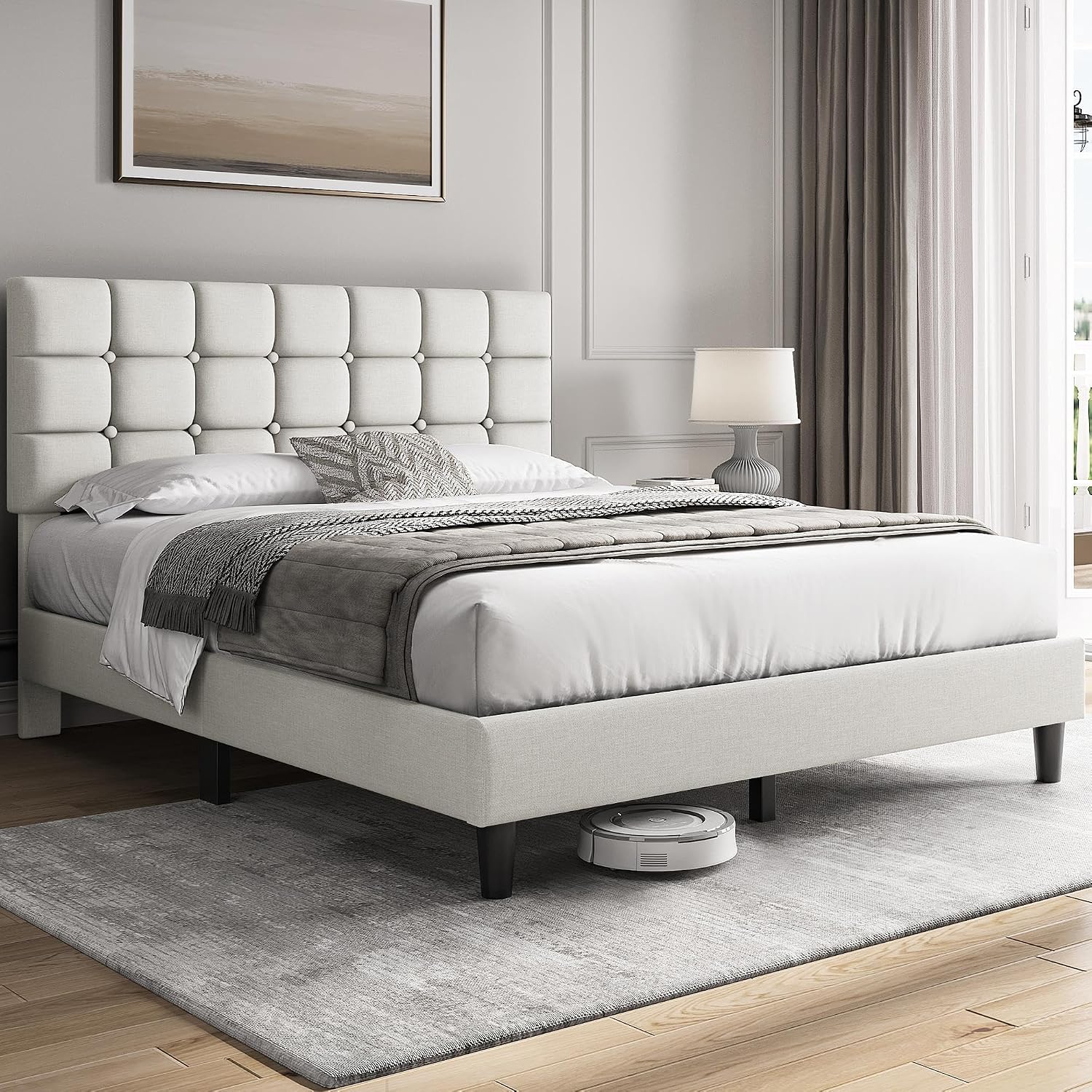 Yaheetech Full Size Upholstered Tufted Bed Frame with Headboard, Dark Gray | Sturdy engineered wood frame with linen fabric upholstery features a soft tufted headboard for easy assembly and support